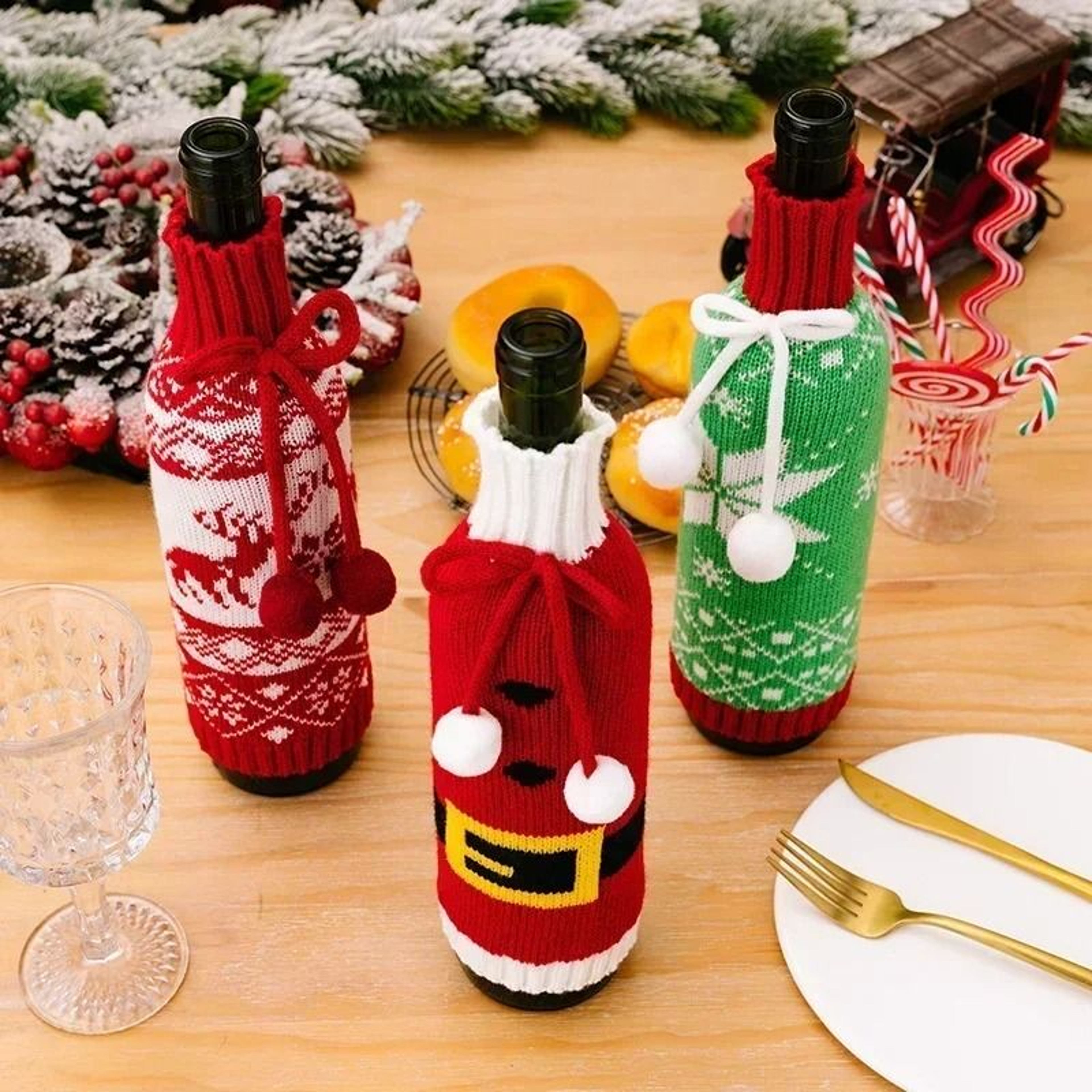 Festive Christmas Wine Bottle Covers  Cartoon Santa  Snowman Knitted Bags For Holiday Decor 3