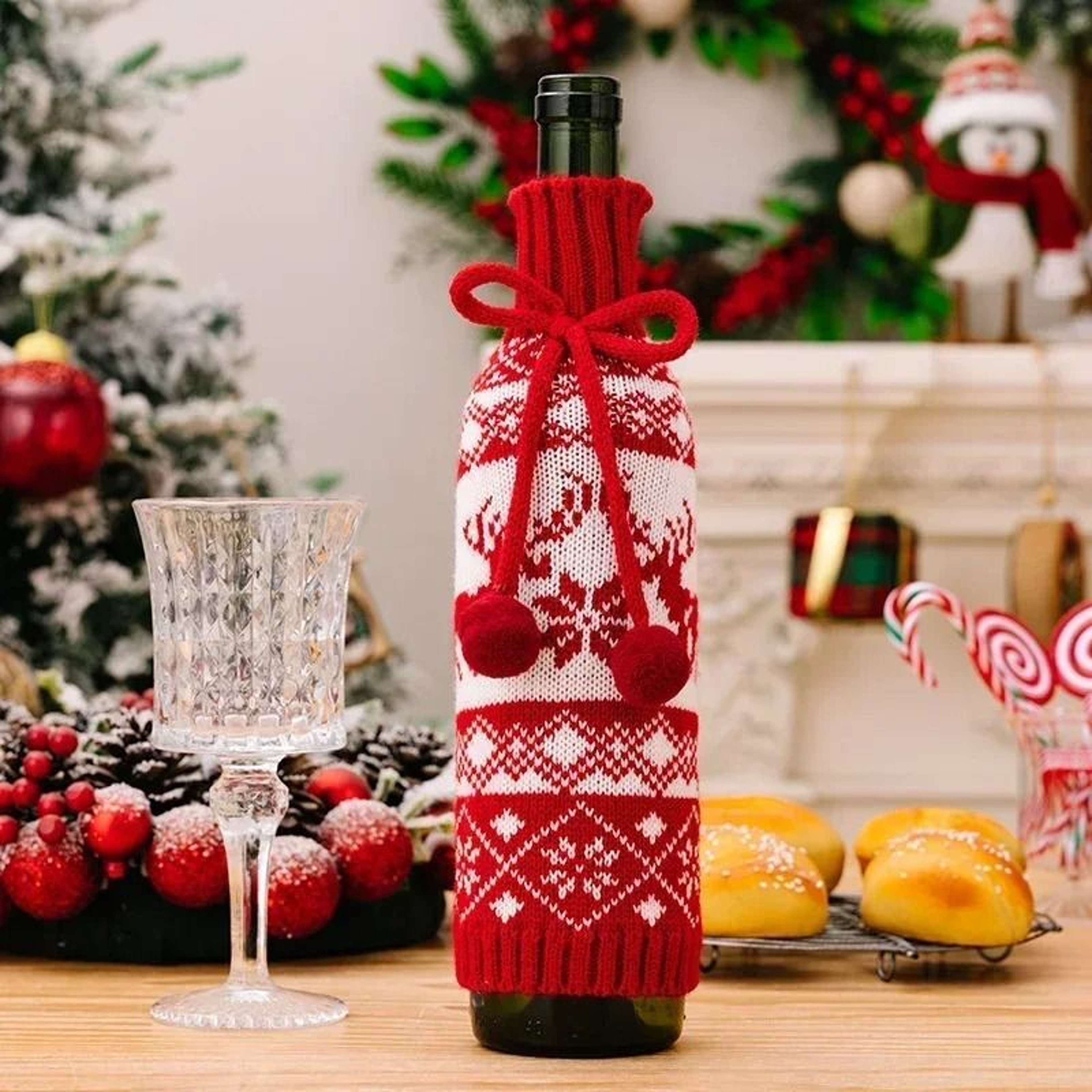 Festive Christmas Wine Bottle Covers  Cartoon Santa  Snowman Knitted Bags For Holiday Decor 7