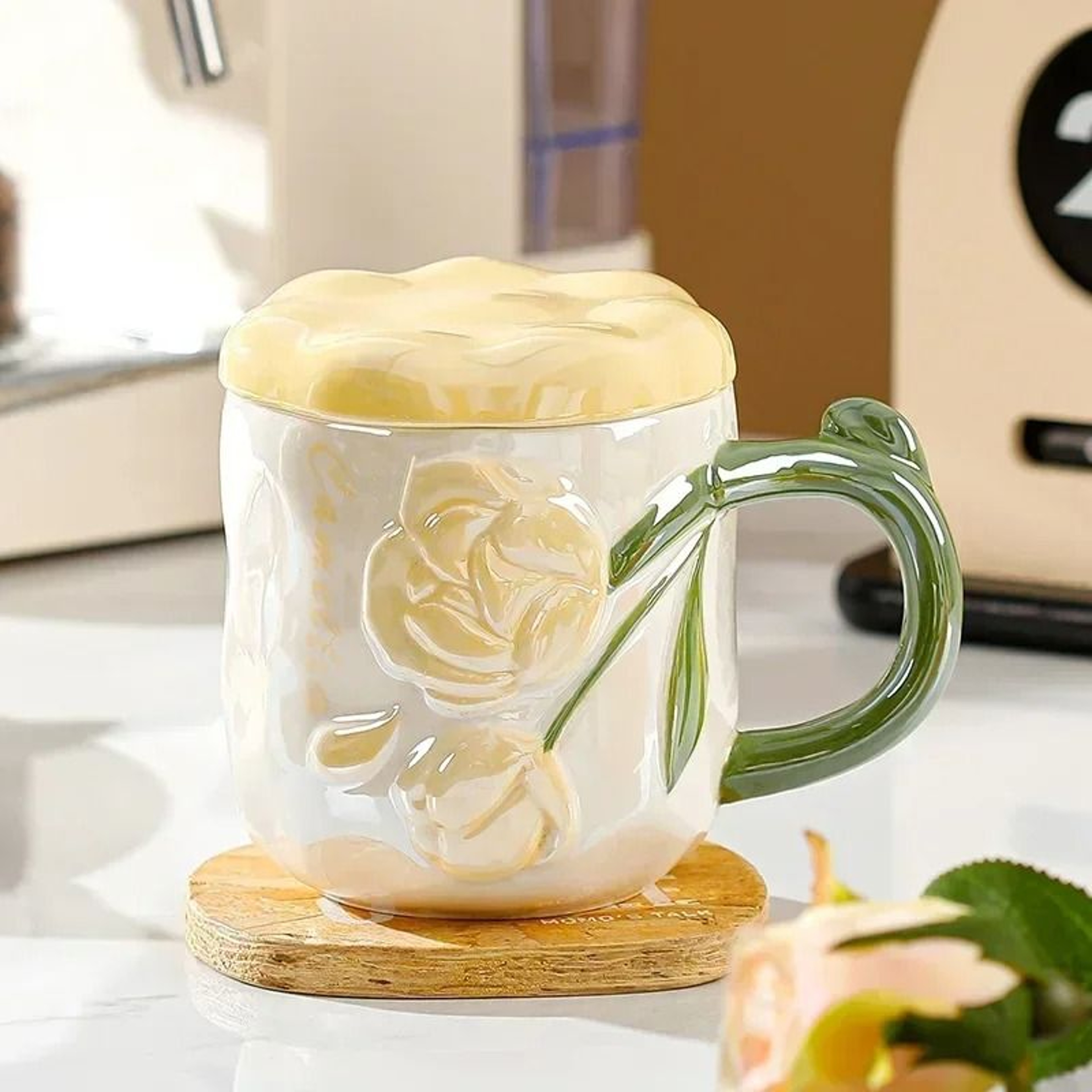 HandPainted Relief Rose Ceramic Mug  Romantic Ins Style Coffee  Tea Cup With Lid 3