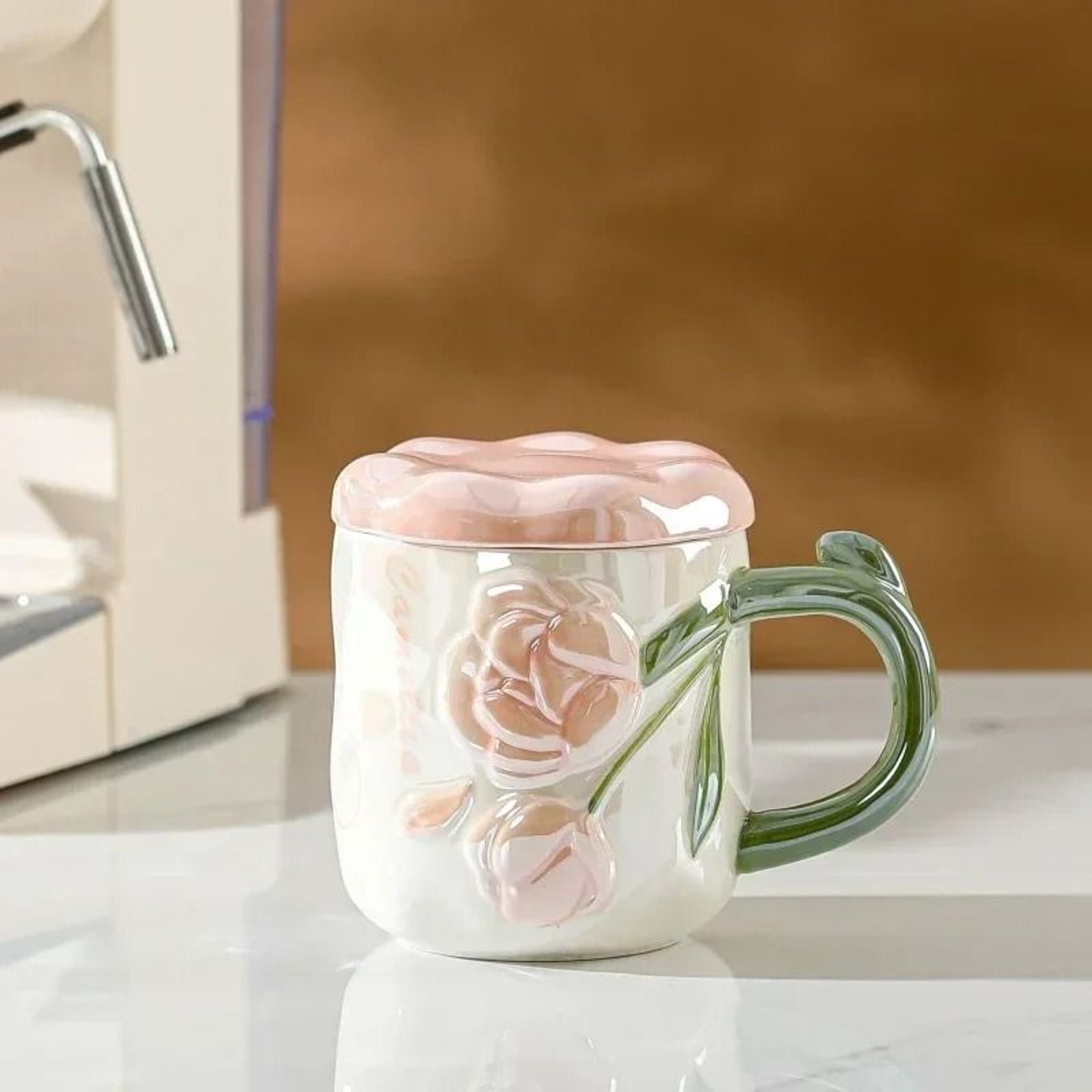 HandPainted Relief Rose Ceramic Mug  Romantic Ins Style Coffee  Tea Cup With Lid 7