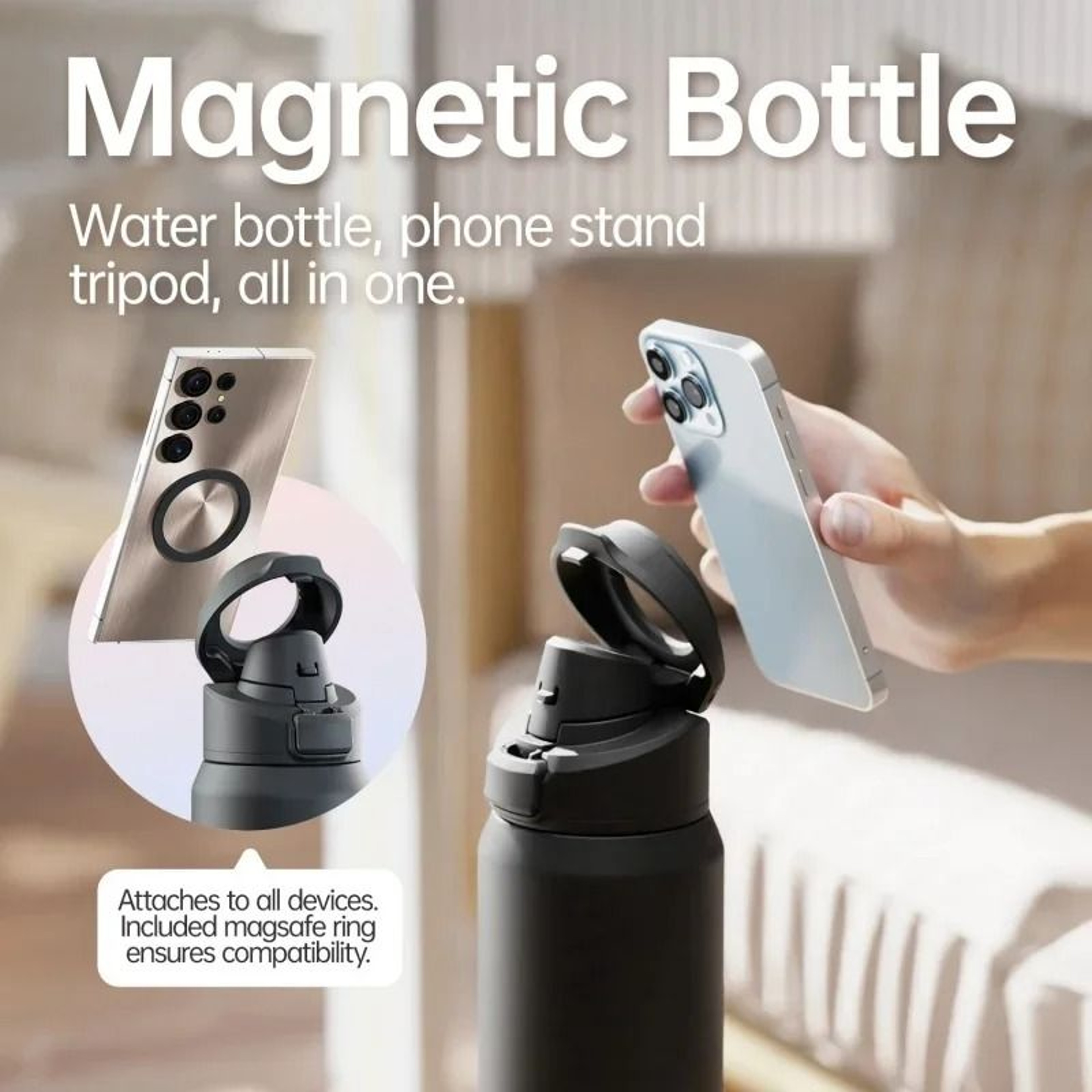 FEIJIAN Stainless Steel Sports Water Bottle  Magnetic Phone Holder  Bouncing Cover Thermos 1