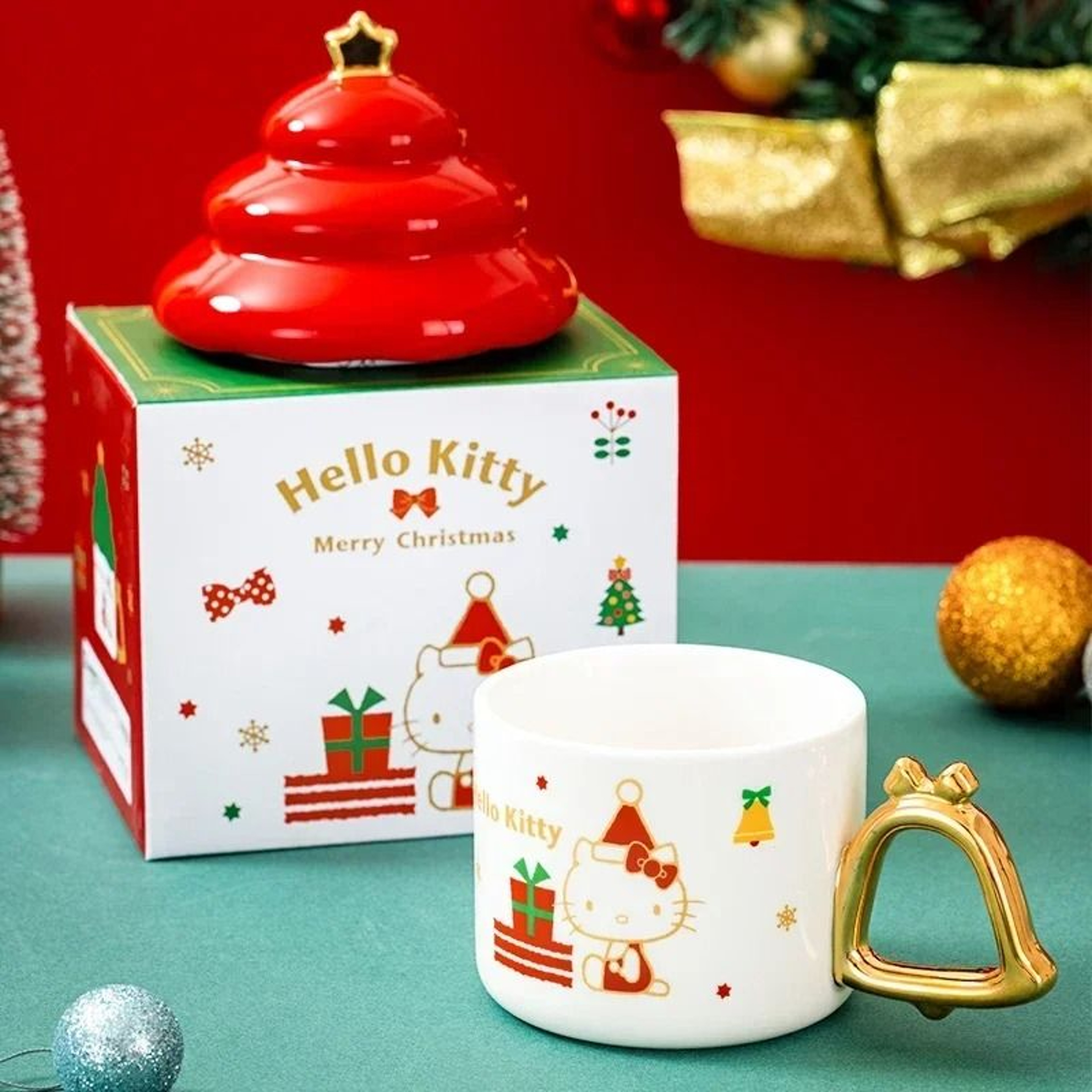 Sanrio Creative Christmas Tree Shape Hello Kitty Ceramic Mug  340ml Household Milk  Coffee Cup 4