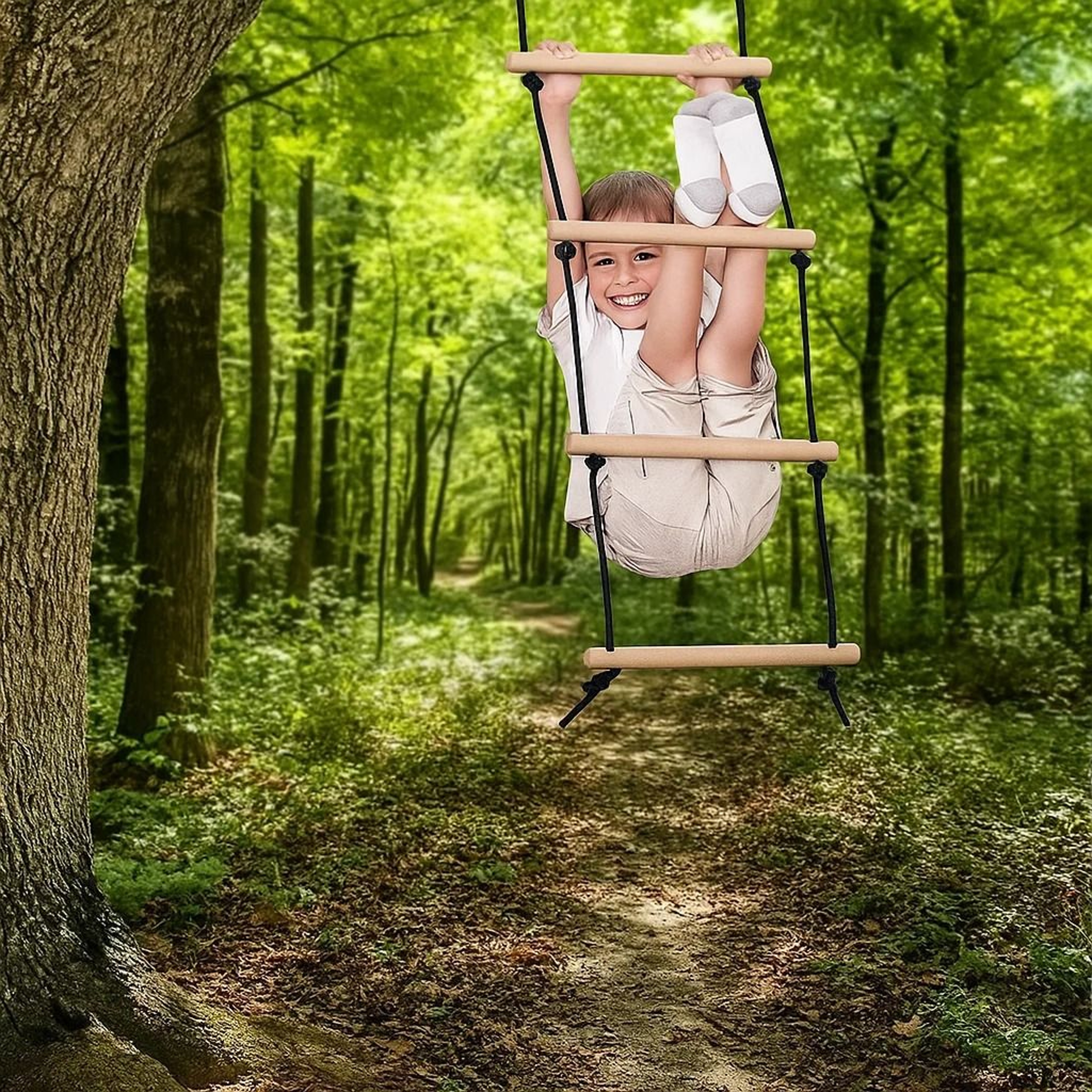 Childrens Wooden Climbing Rope Ladder  IndoorOutdoor Tree Playground Swing Set 0