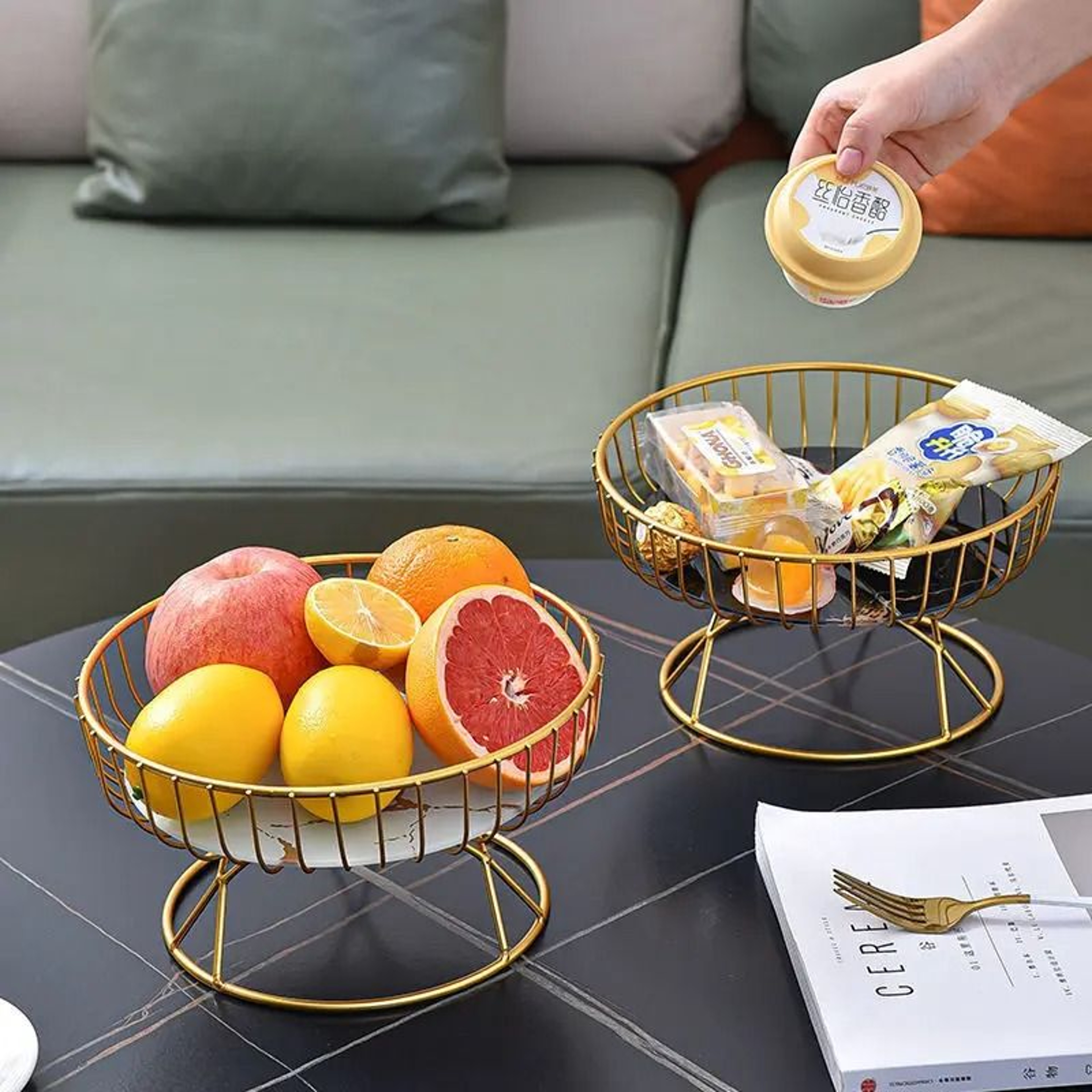 Nordic Style Large Round Fruit Basket For Kitchen Dining Table Home Decoration Gold Metal Wire Snac 4