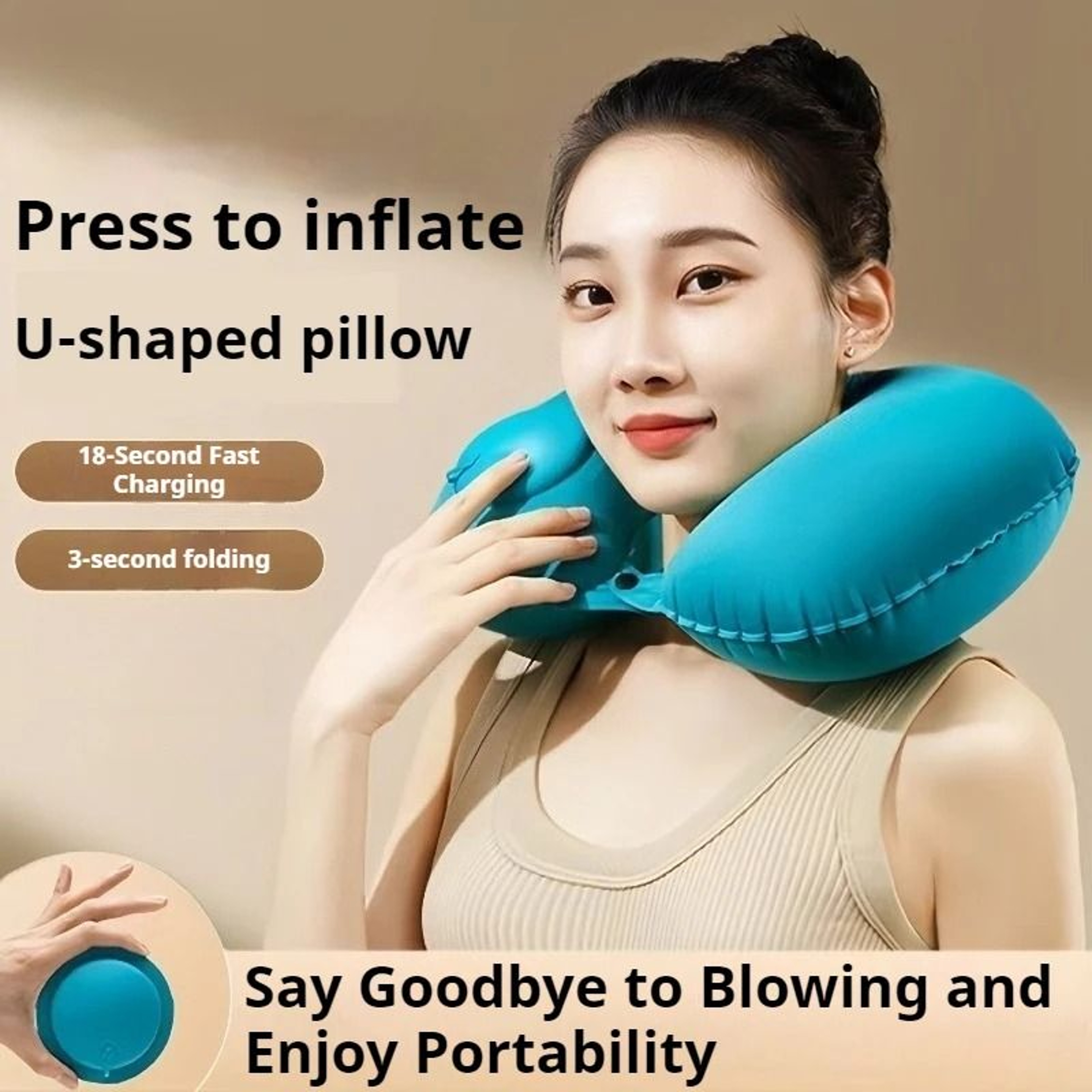 Ushaped Flocking Inflatable Neck Pillow Portable Compression Travel Pillow For Outdoor Camping And  0