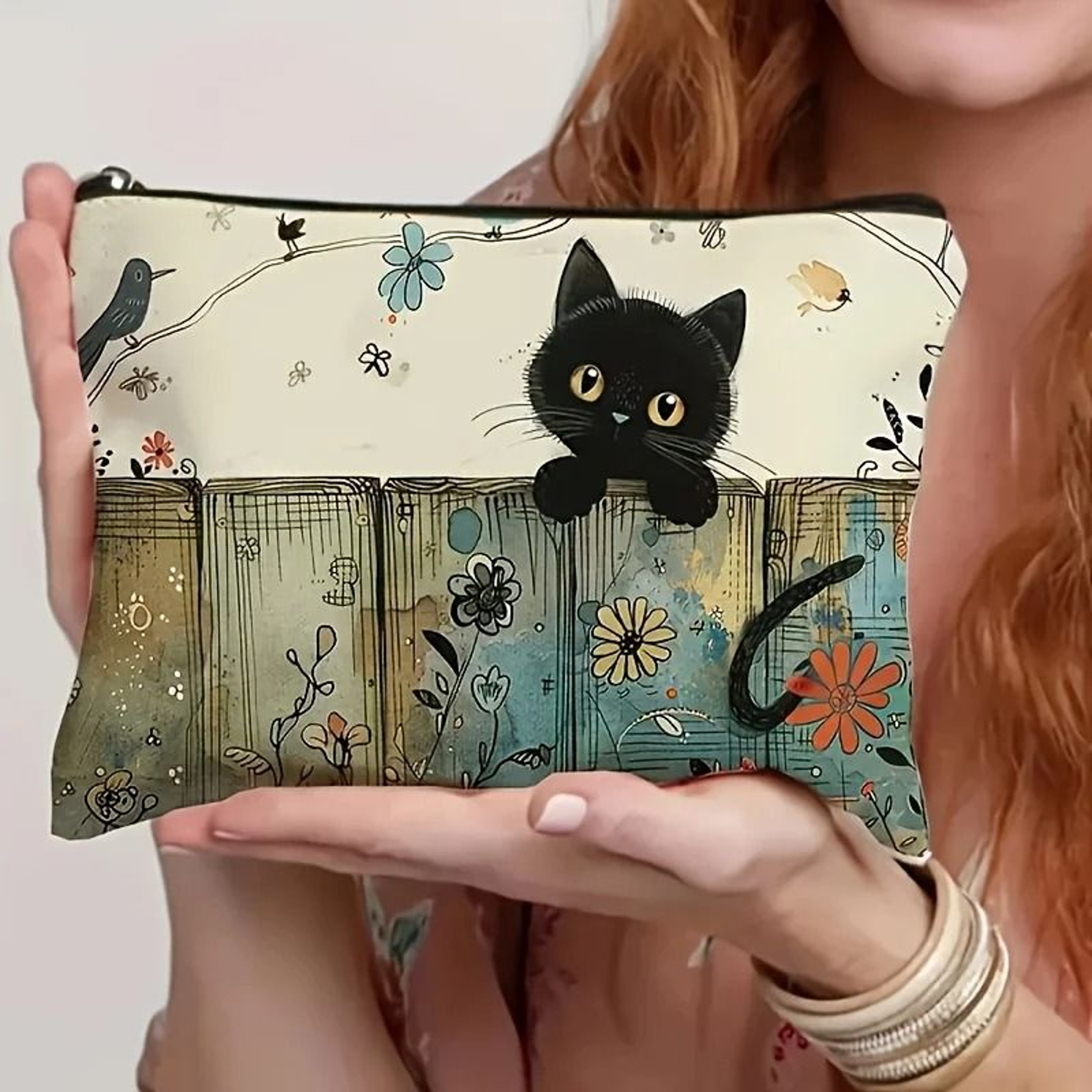 Cute Cat Floral Makeup  Jewelry Storage Bag 0