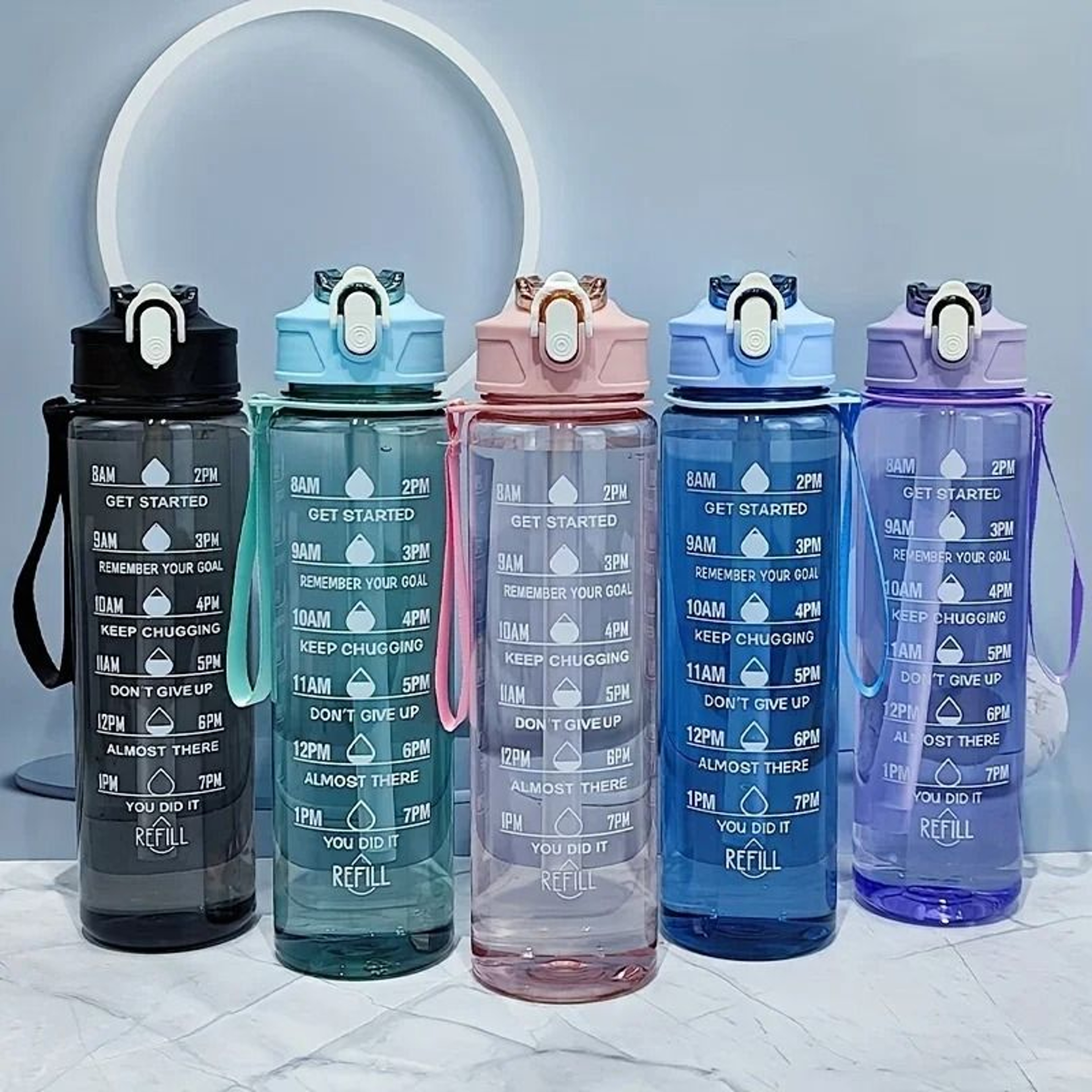 Transparent Sports Water Bottle With Time Scale And Carry Strap 0