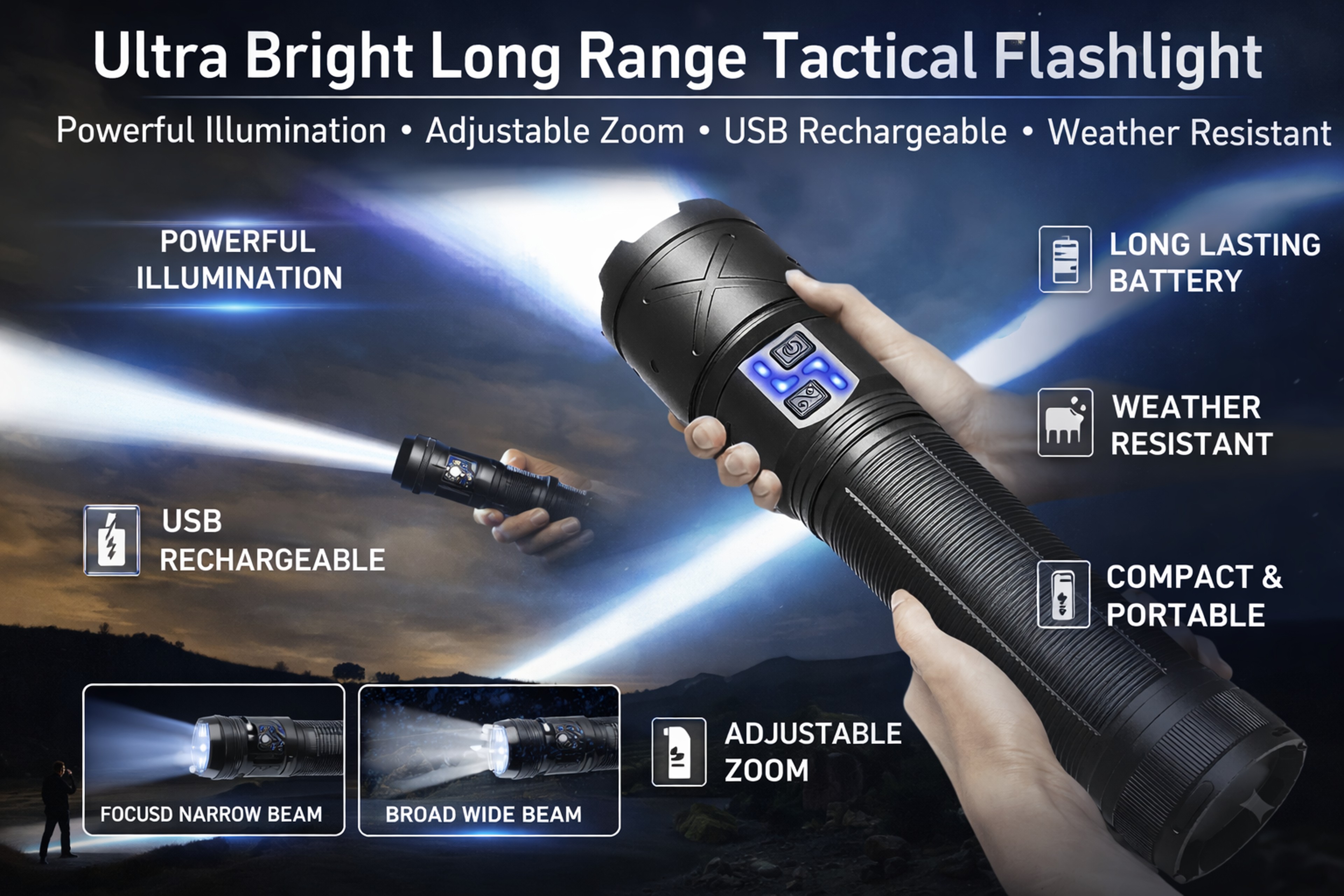 USB Rechargeable New Ultra Bright LED Flashlight, Long Range Zoom Flashlights Tactical Torch – view 11
