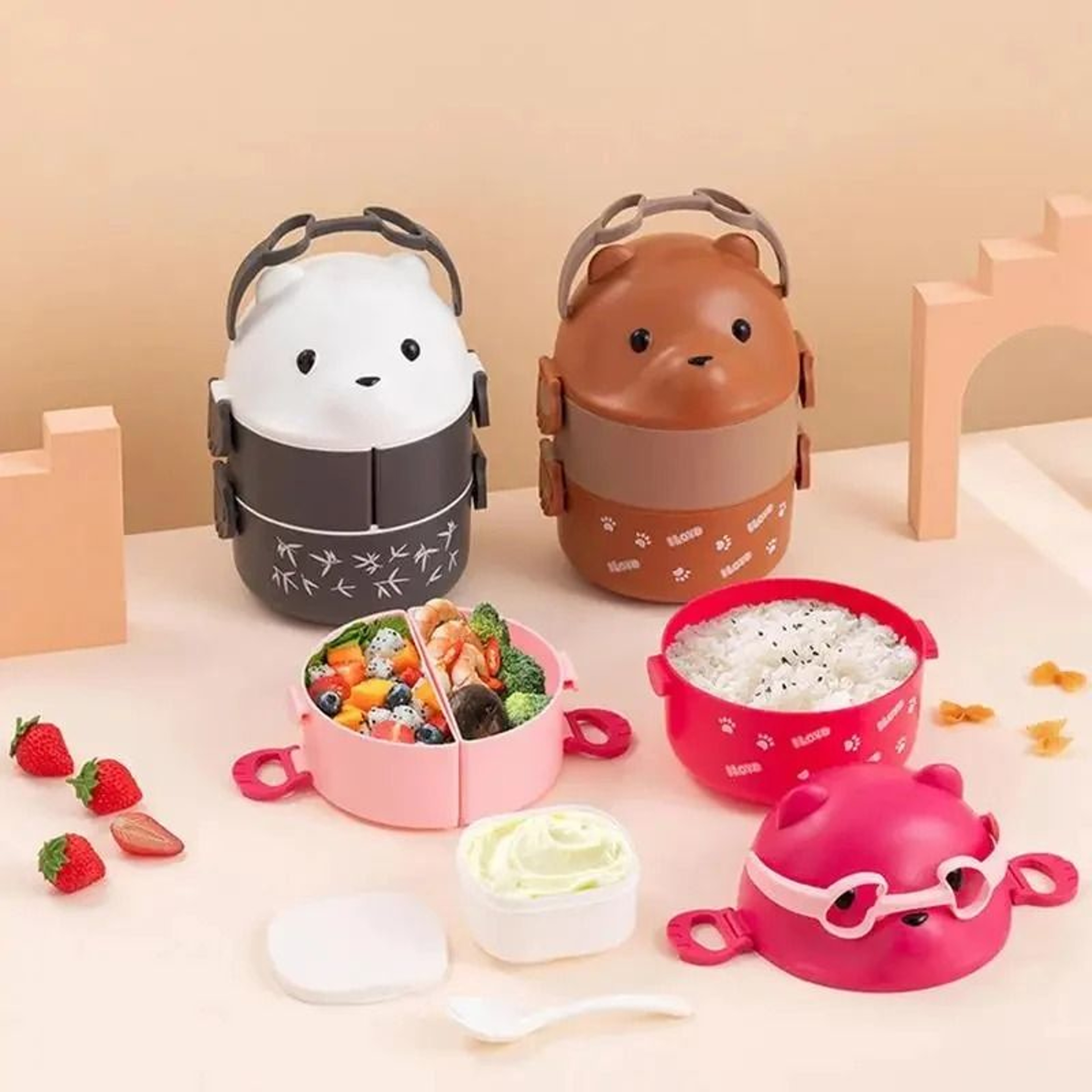 Portable Insulated Stackable Cartoon Bear Bento Set 1