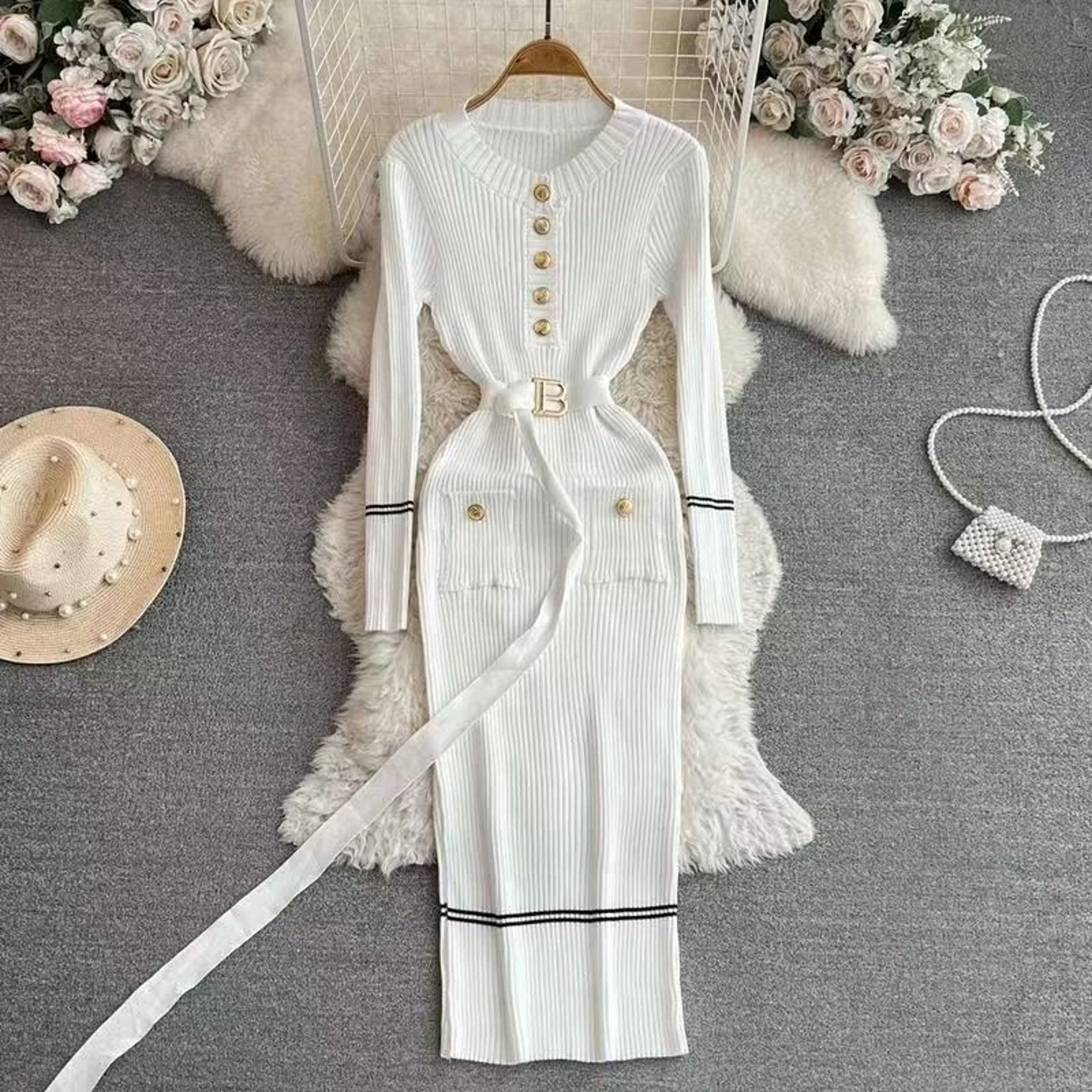 French Style Celebrity Temperament Round Collar Slim Bottom Wrap Hip Autumn Winter Dress 9
