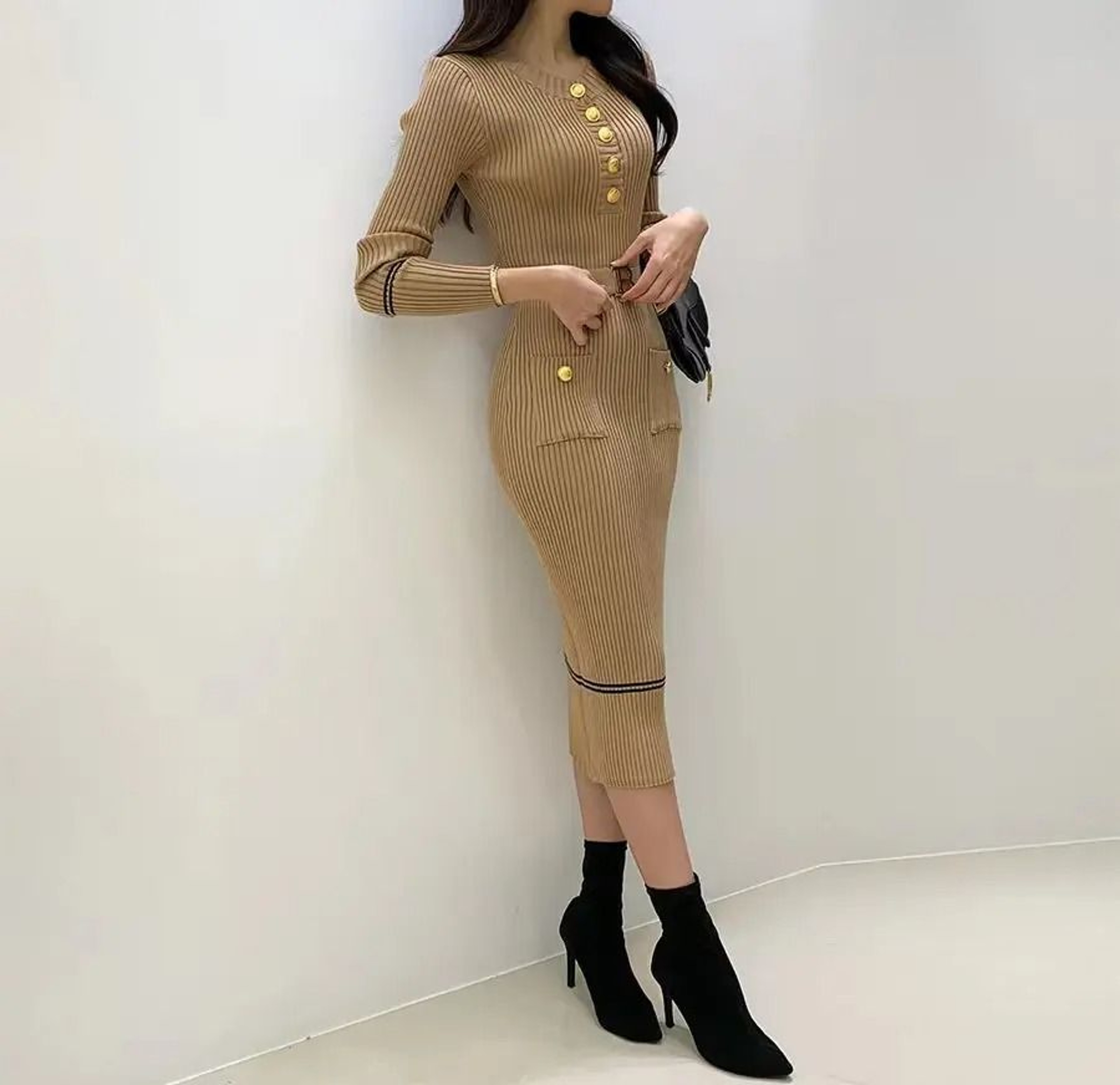 French Style Celebrity Temperament Round Collar Slim Bottom Wrap Hip Autumn Winter Dress 3