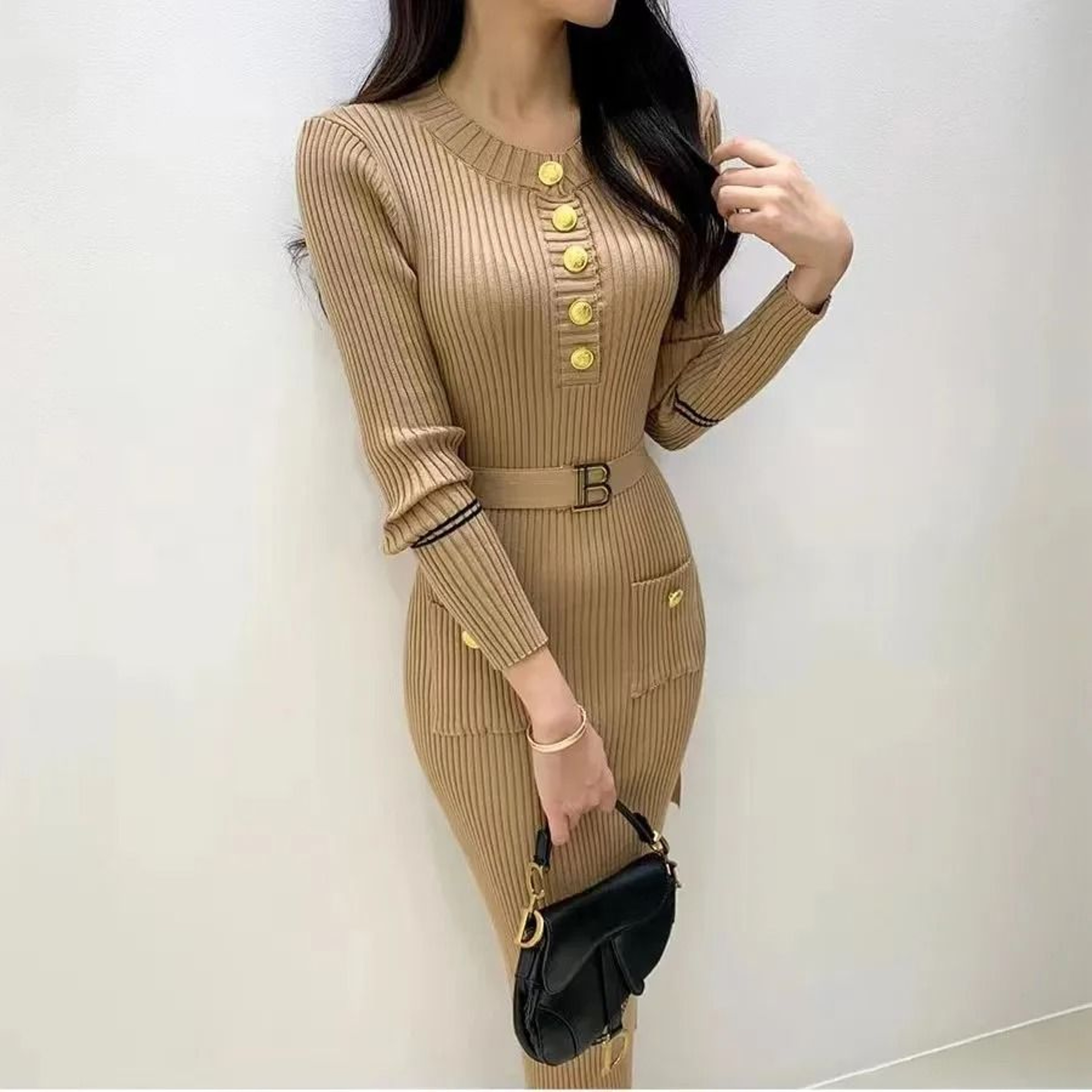 French Style Celebrity Temperament Round Collar Slim Bottom Wrap Hip Autumn Winter Dress 4