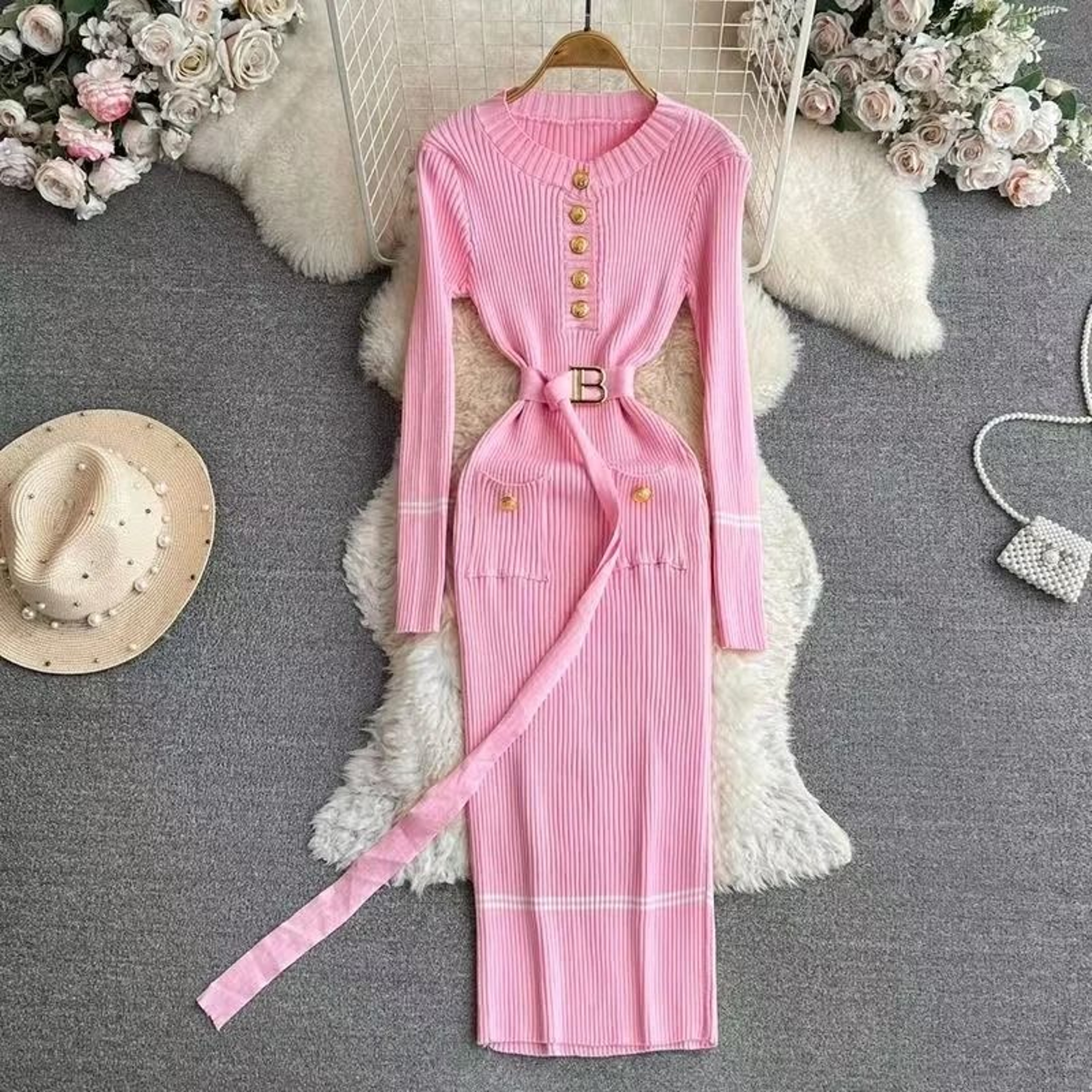 French Style Celebrity Temperament Round Collar Slim Bottom Wrap Hip Autumn Winter Dress 6
