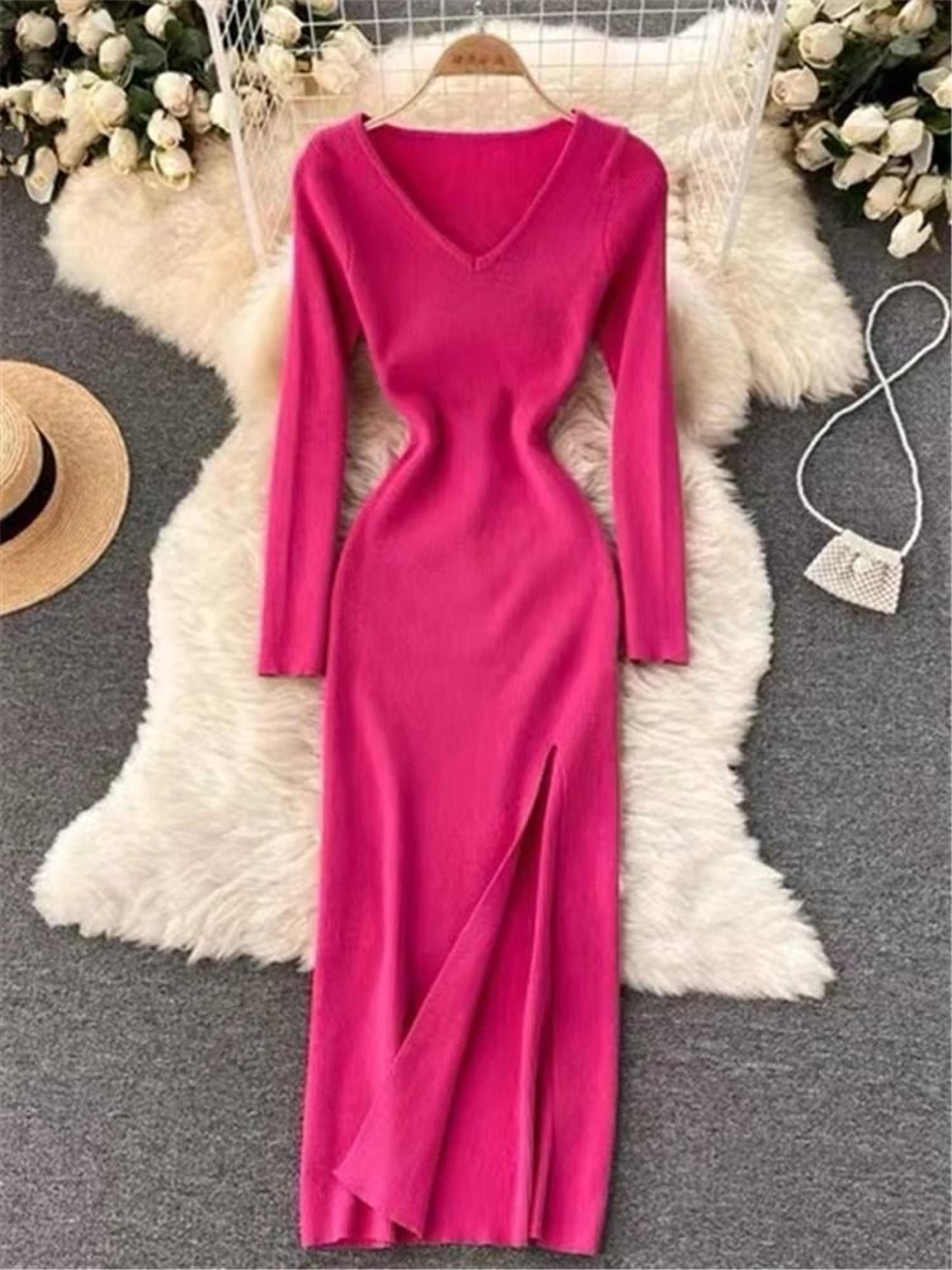 REALEFT Autumn Winter French Sexy Slit VNeck Slim TightFitting Wrap Sweater Dress 12
