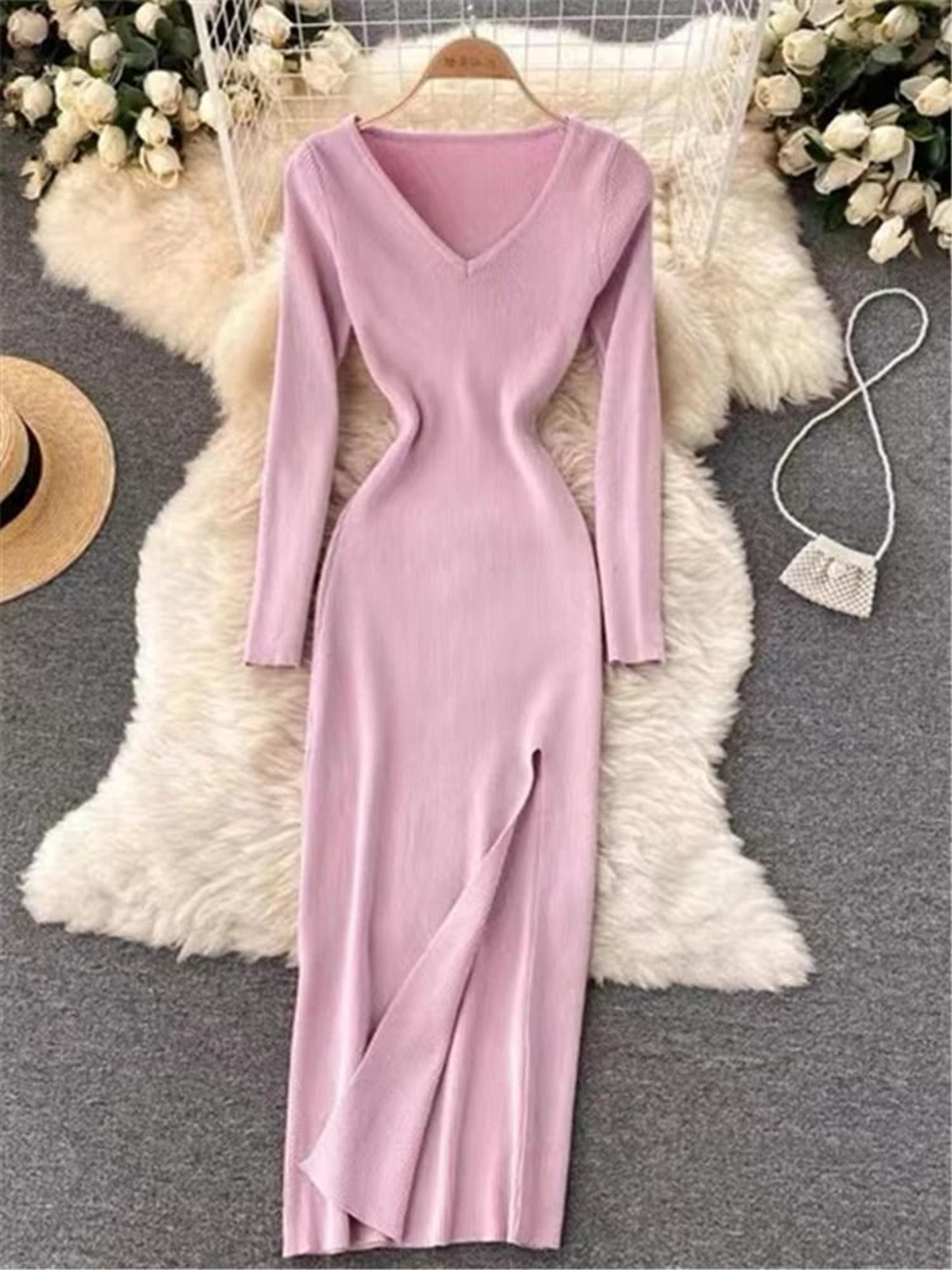 REALEFT Autumn Winter French Sexy Slit VNeck Slim TightFitting Wrap Sweater Dress 6