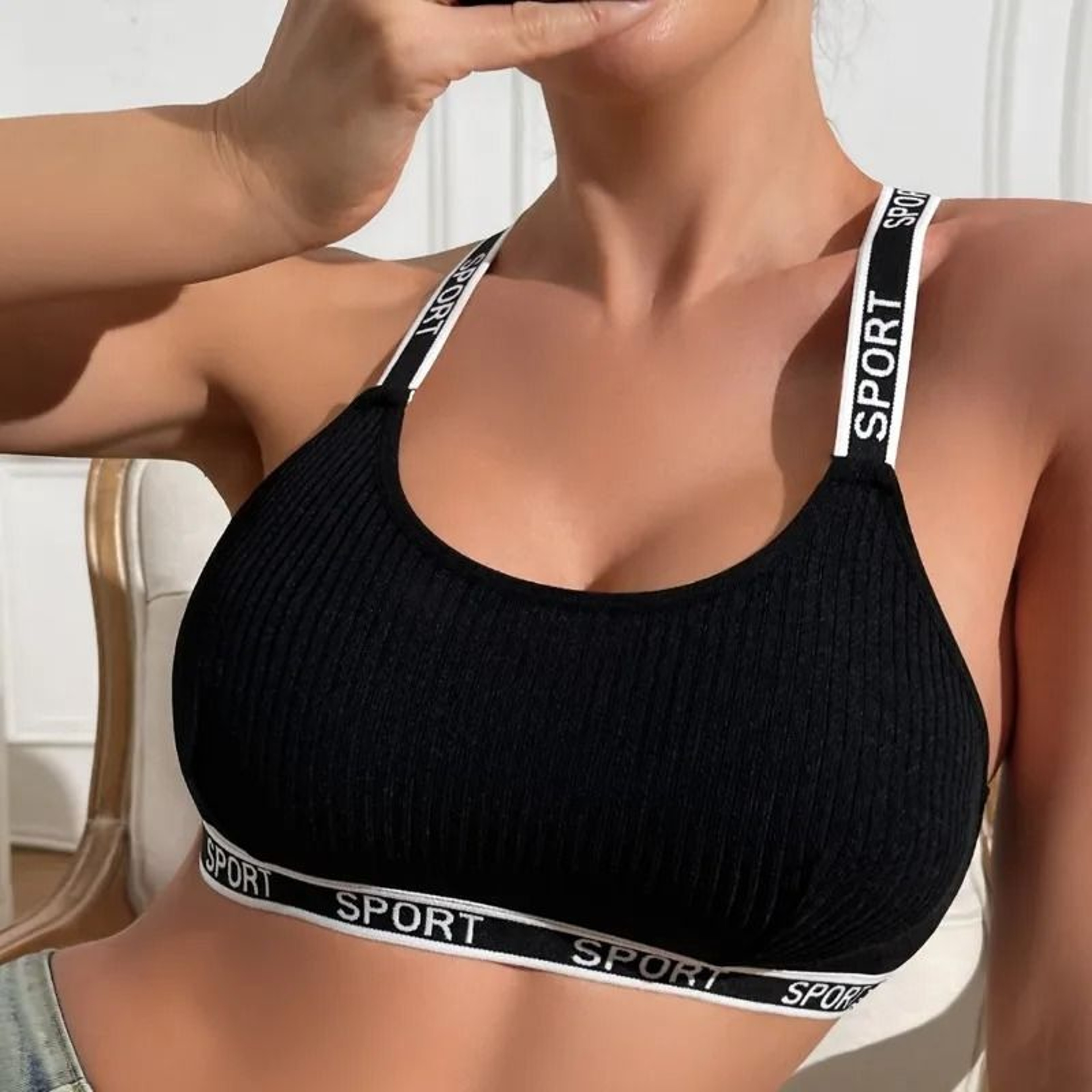 Letter Decor Sexy Ribbed Bra  Breathable Athletic Camisole Vest 1
