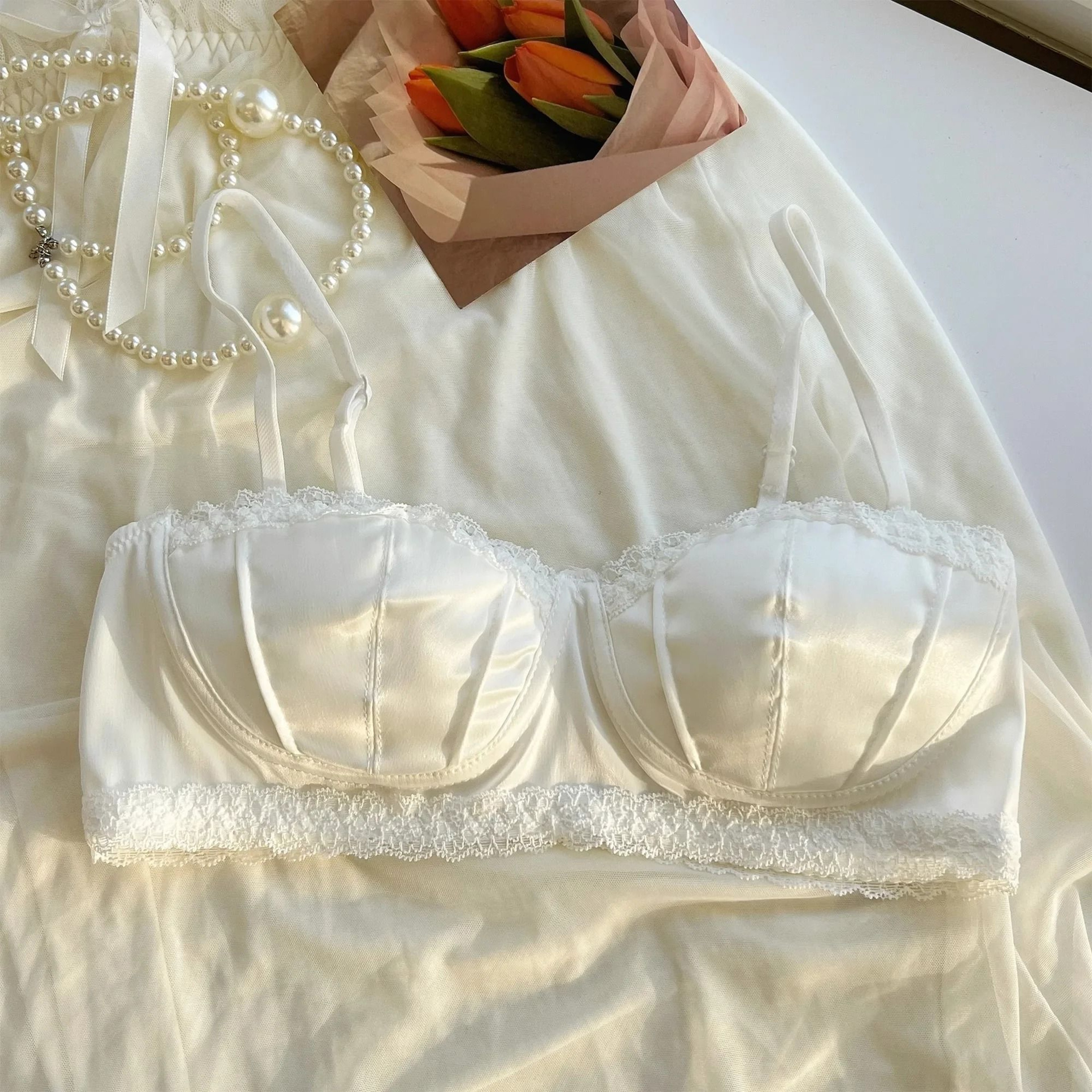 French Satin Seashell Cup Lace Bra  Sexy Underwire Half Cup Lingerie 6