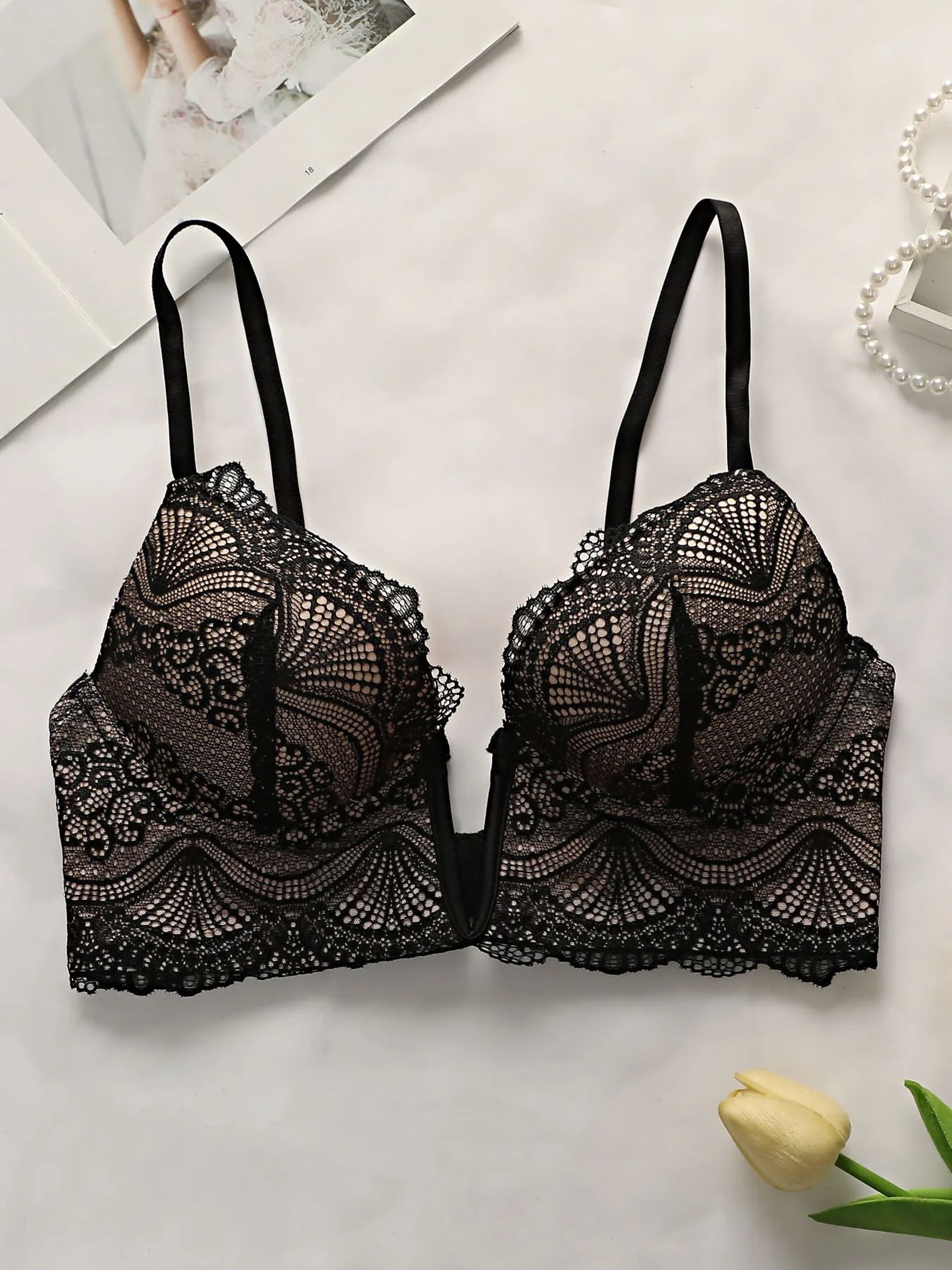 Women Sexy Lace VNeck Bra With Steel Ring Push Up Full Coverage Lingerie 6