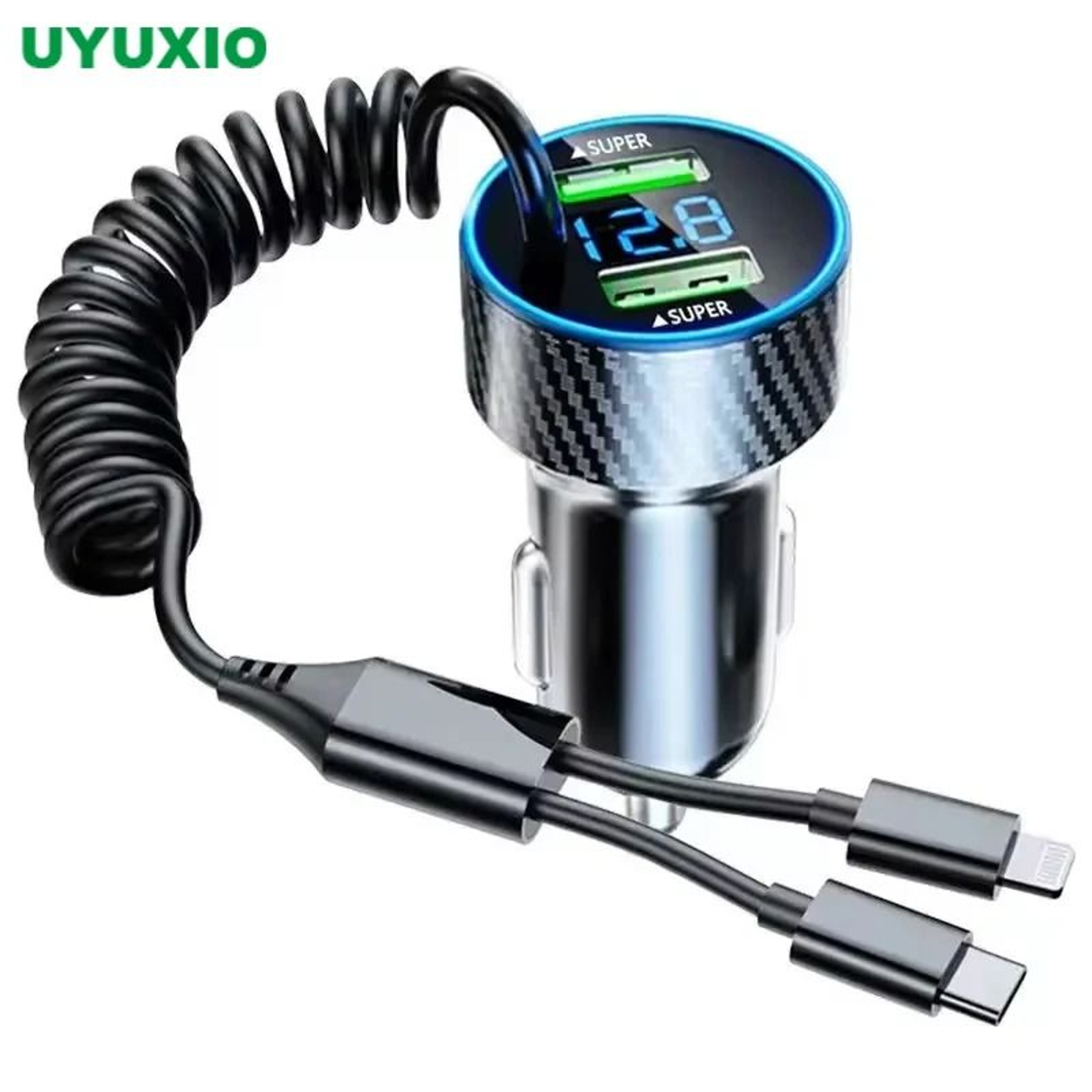 4in1 Retractable USB Car Charger Adapter  Super Fast Charge With LED Voltage Monitor For IPhone  Sa 0