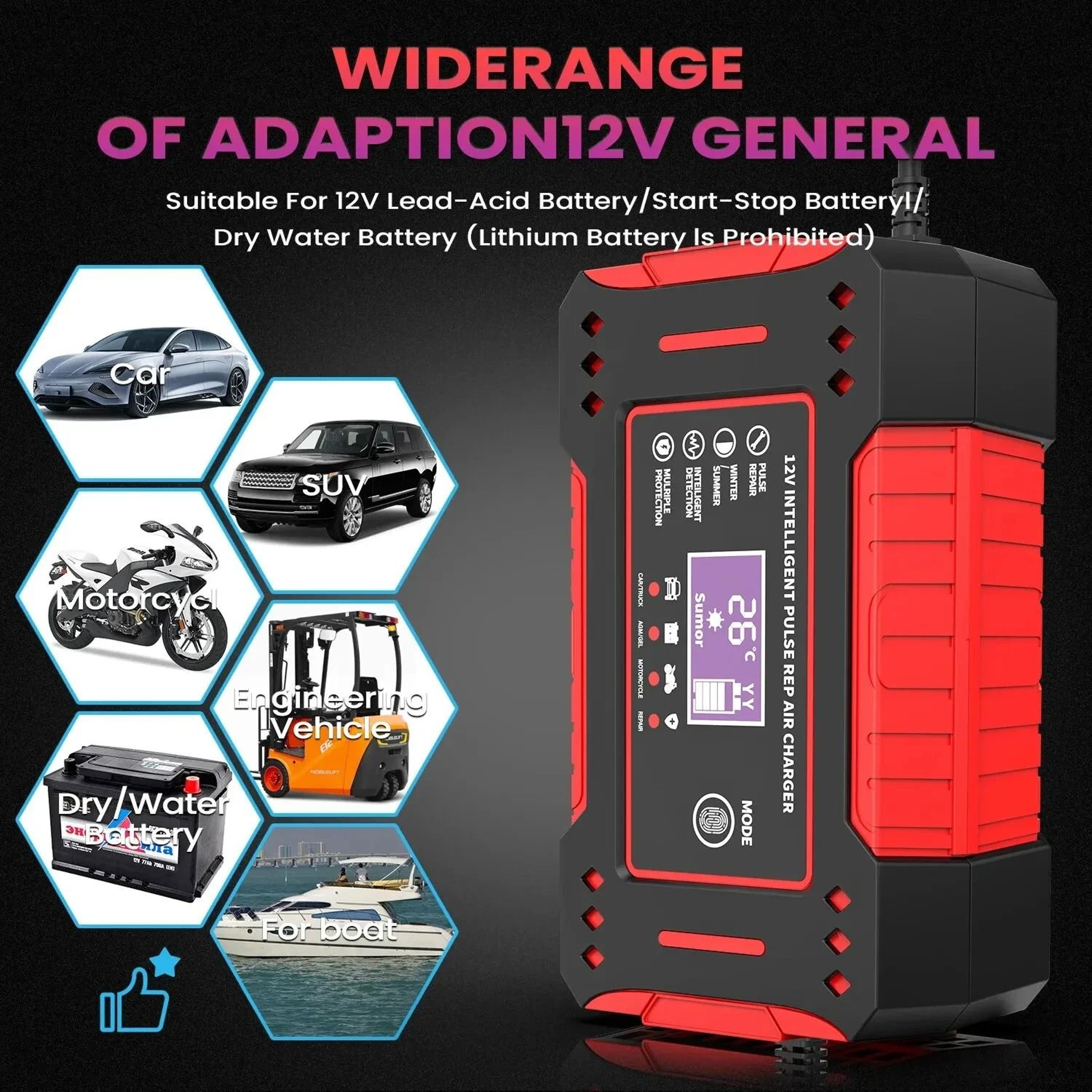 12V Intelligent Car And Motorcycle Battery Charger  6A LeadAcid Pulse Repair Unit With LCD Display 3