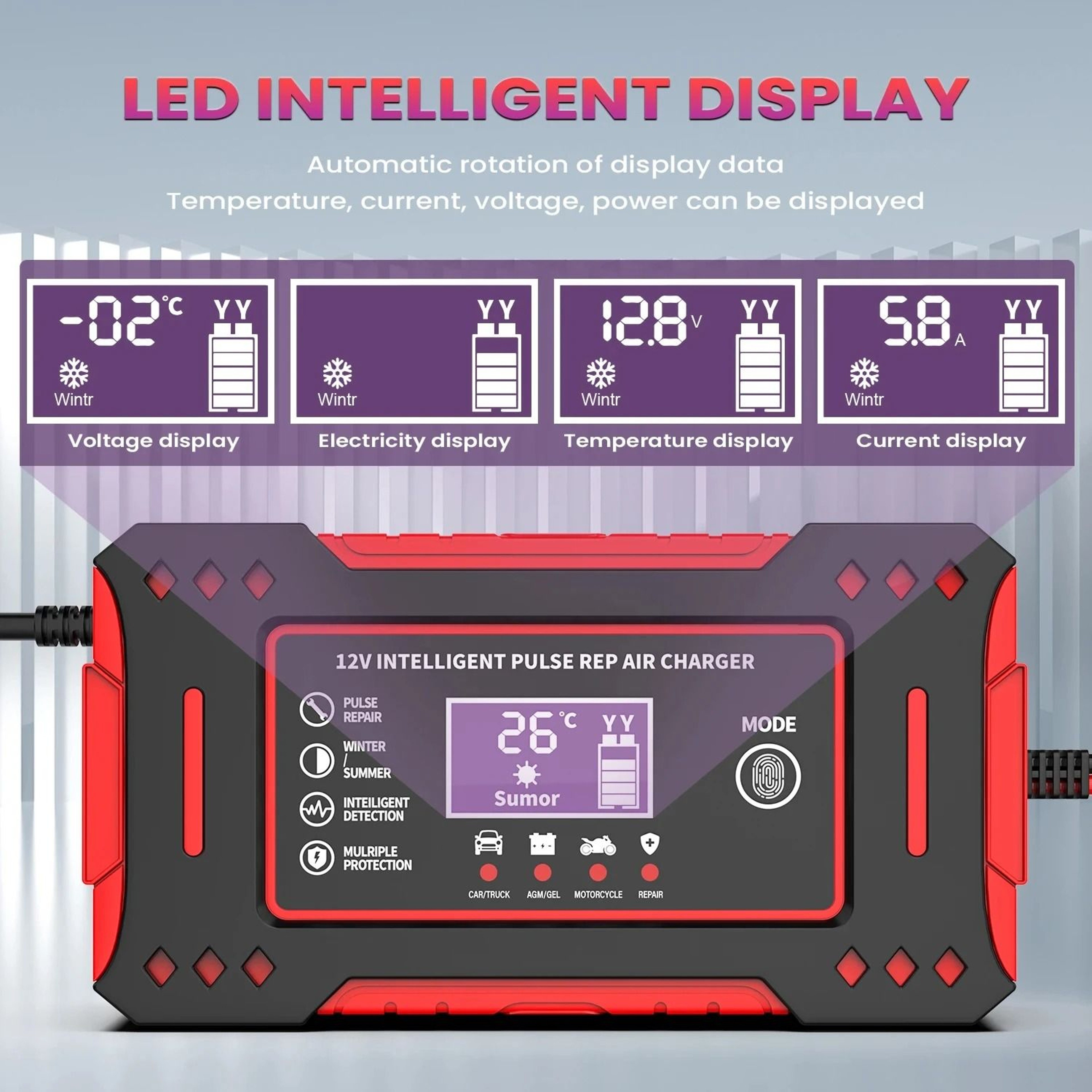 12V Intelligent Car And Motorcycle Battery Charger  6A LeadAcid Pulse Repair Unit With LCD Display 4