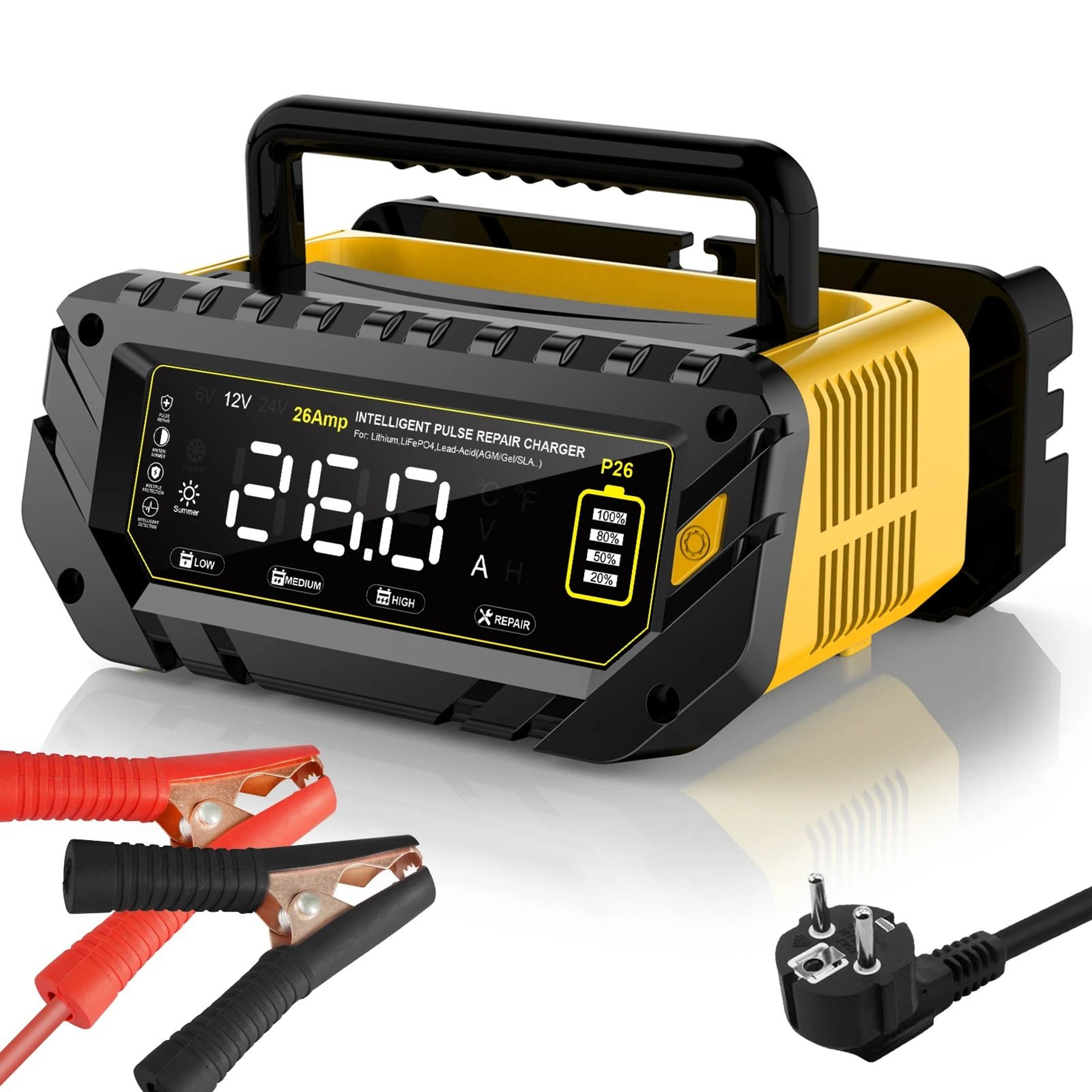 Intelligent 26A MultiVoltage Battery Charger  6V12V24V Smart Repair For Lithium LiFePO4  LeadAcid 0