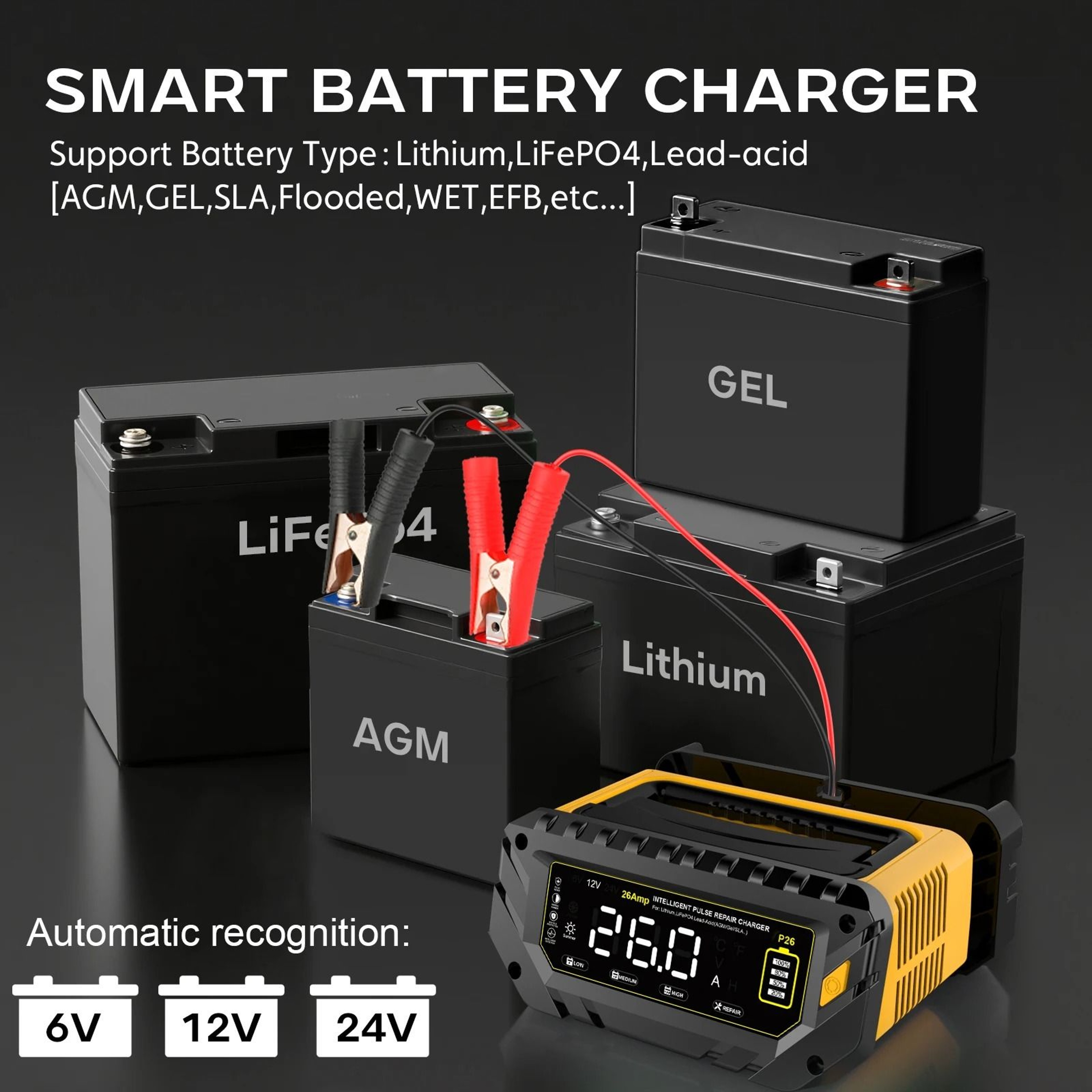 Intelligent 26A MultiVoltage Battery Charger  6V12V24V Smart Repair For Lithium LiFePO4  LeadAcid 3