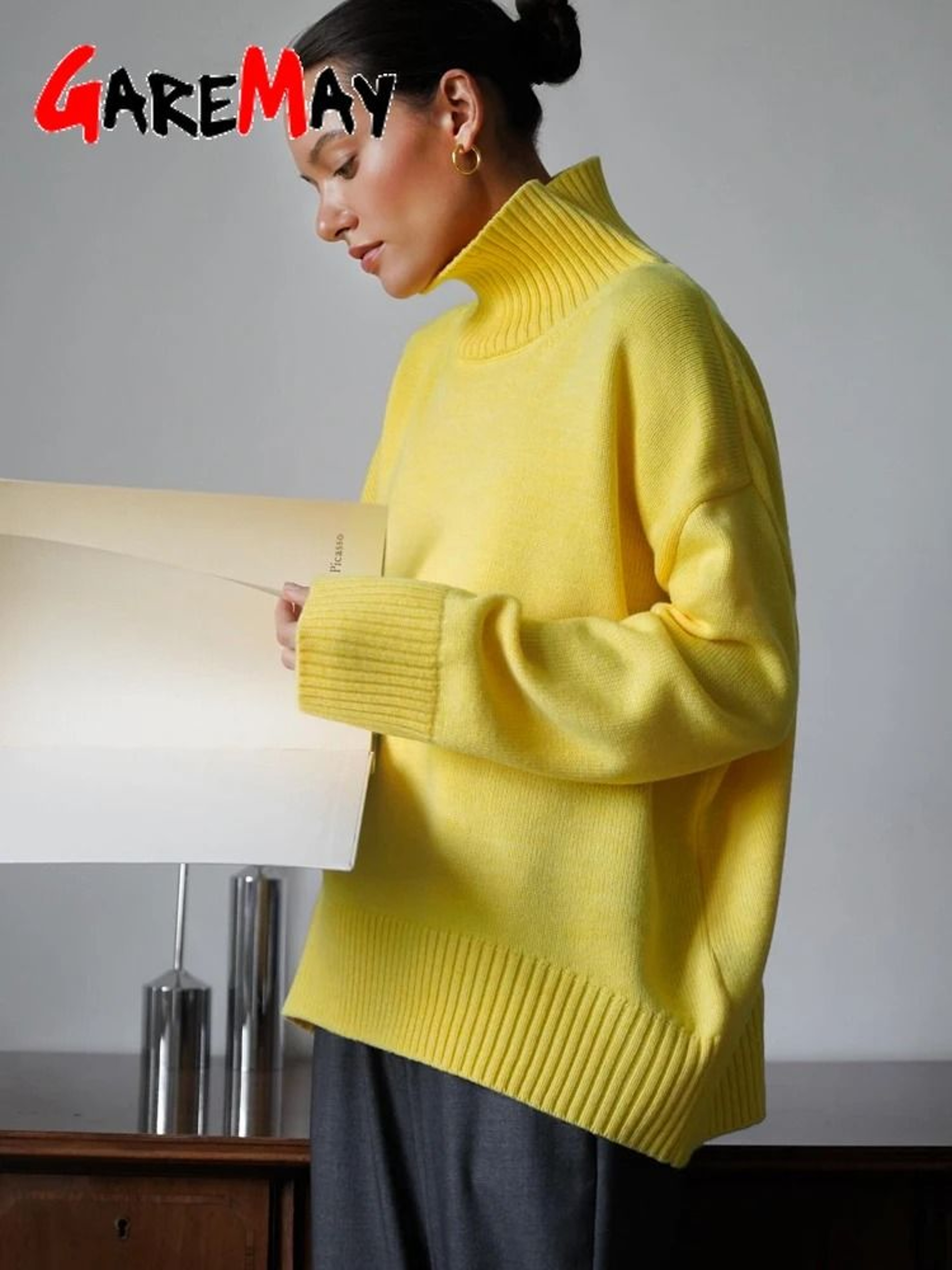 Autumn Oversized HighCollar Knitted Sweater  Vintage Soft Pullover For Winter Warmth 1