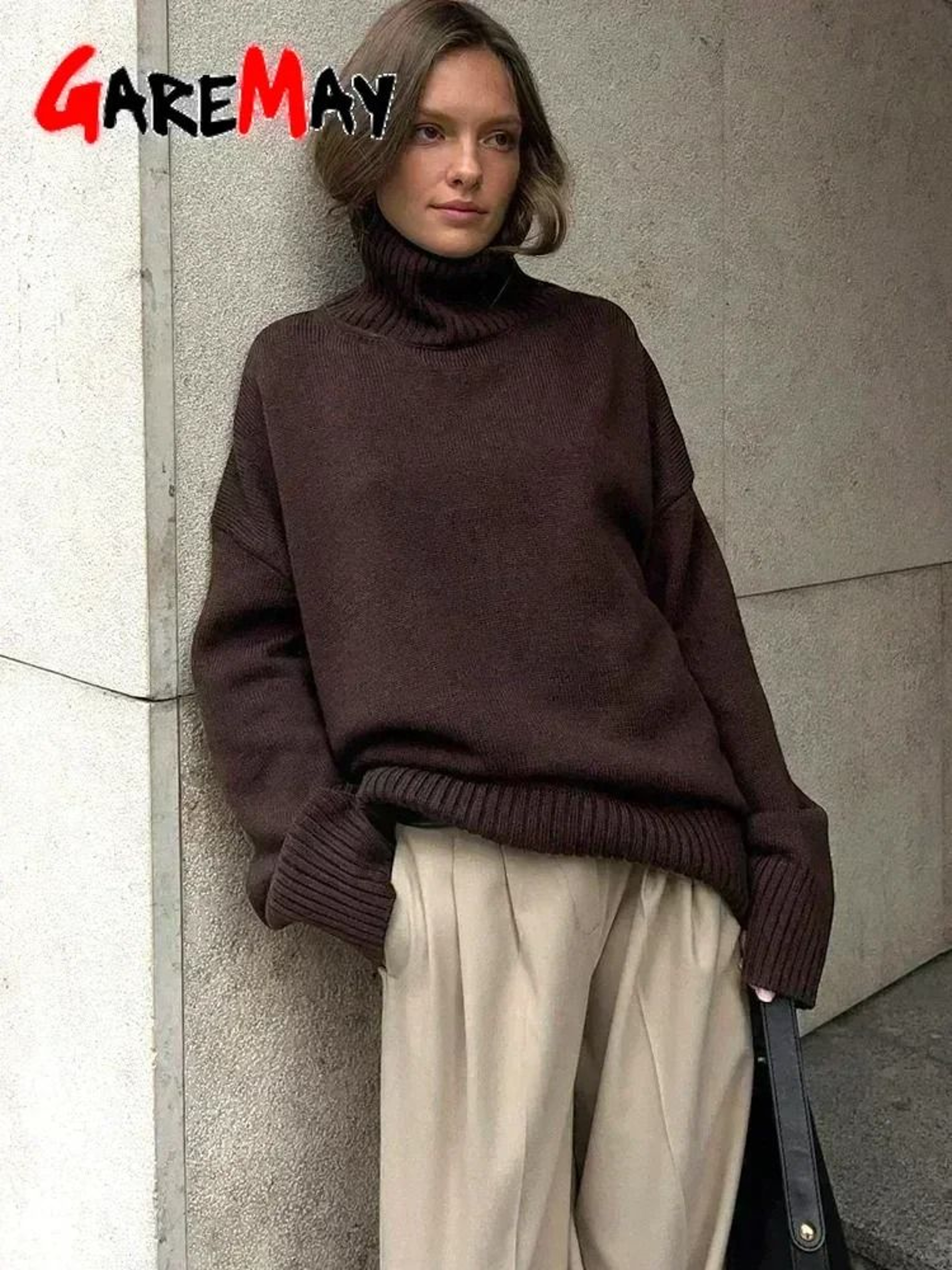 Autumn Oversized HighCollar Knitted Sweater  Vintage Soft Pullover For Winter Warmth 4