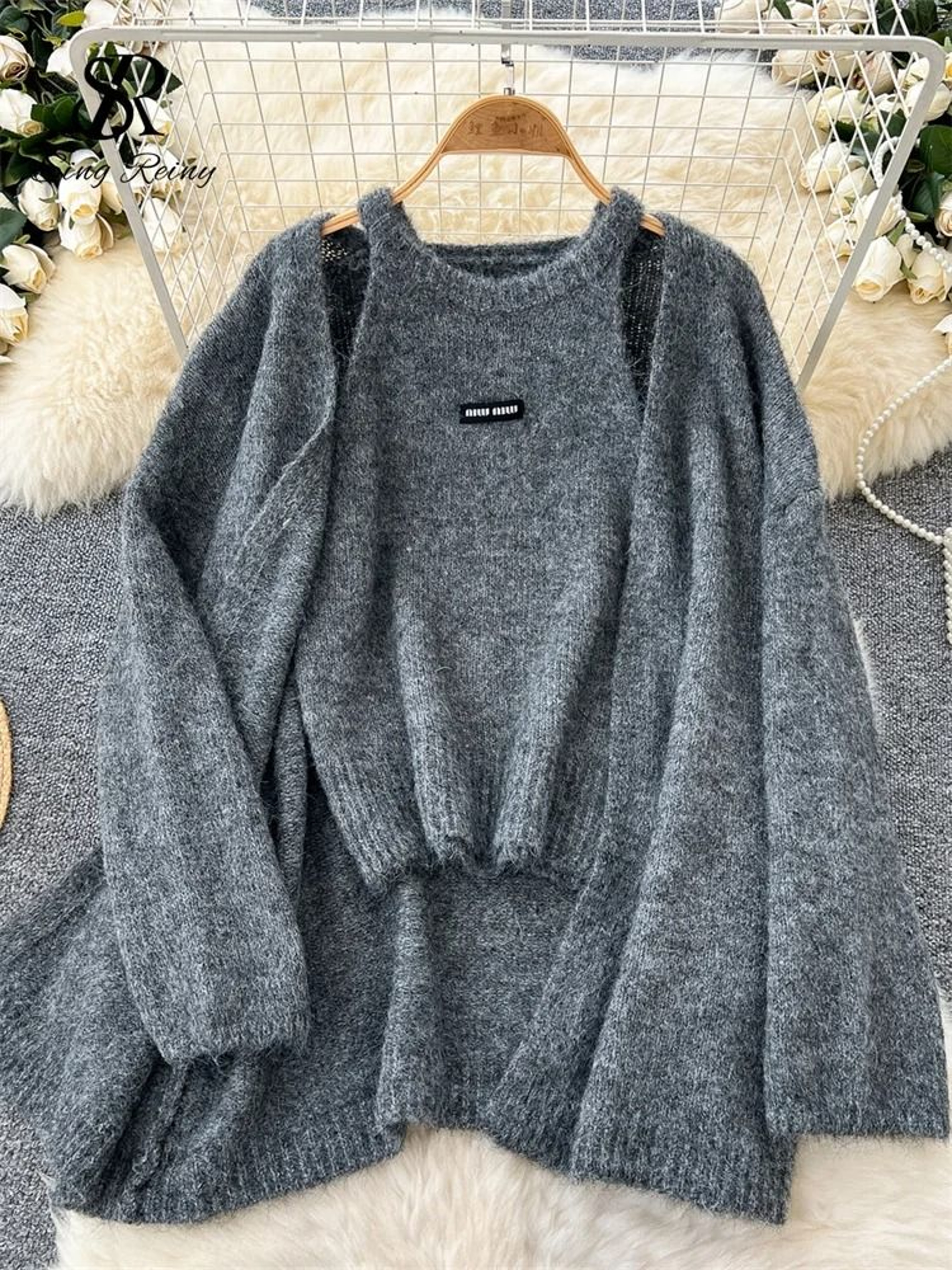 SINGREINY Fashion Solid Cashmere 2Piece Set  Loose Warm Cardigan  Sleeveless Knitting Tank Top 1