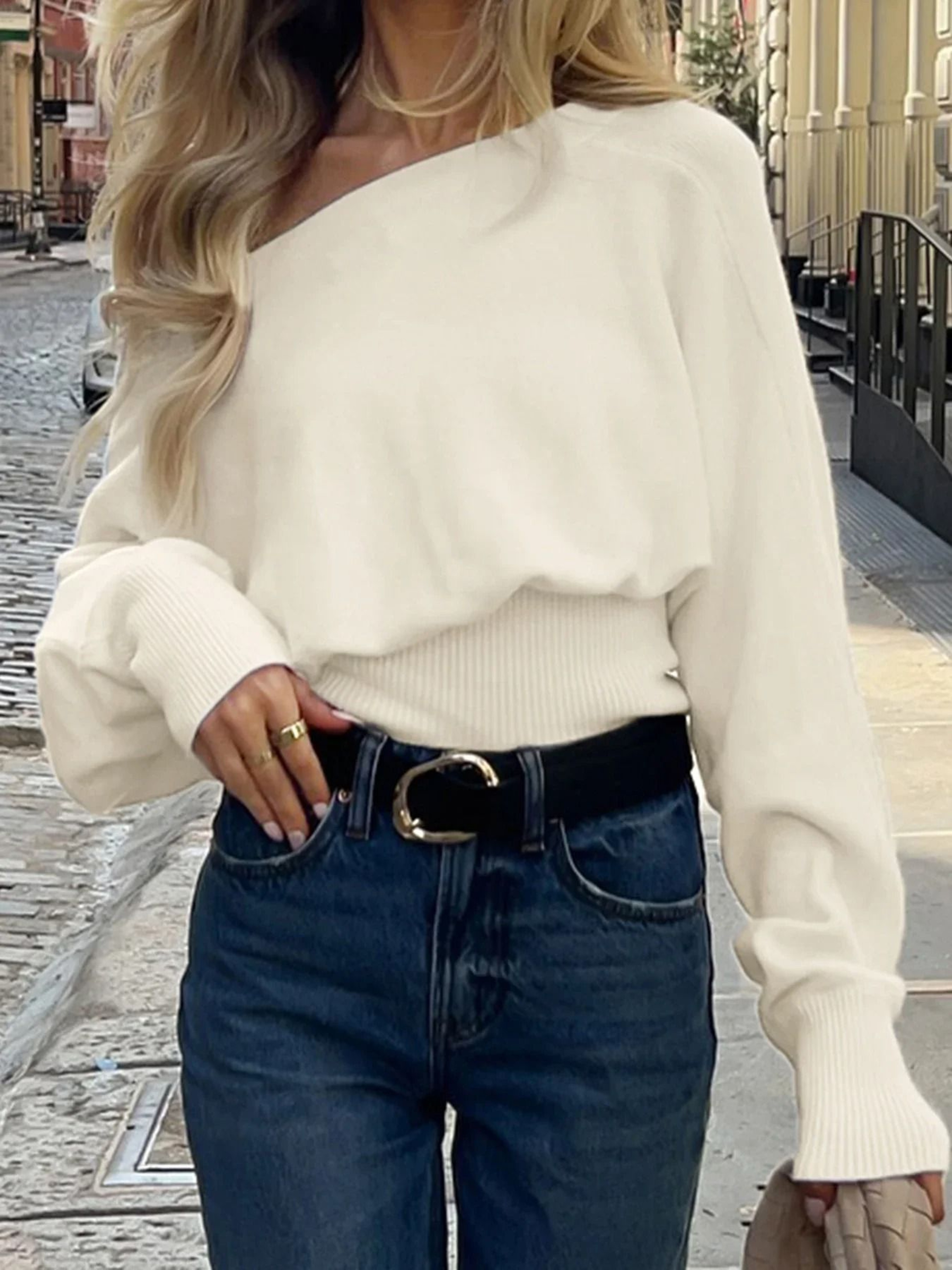 Womens Solid OffShoulder Knit Sweater  Elegant Slash Neck Loose Pullover For Autumn  Winter 1