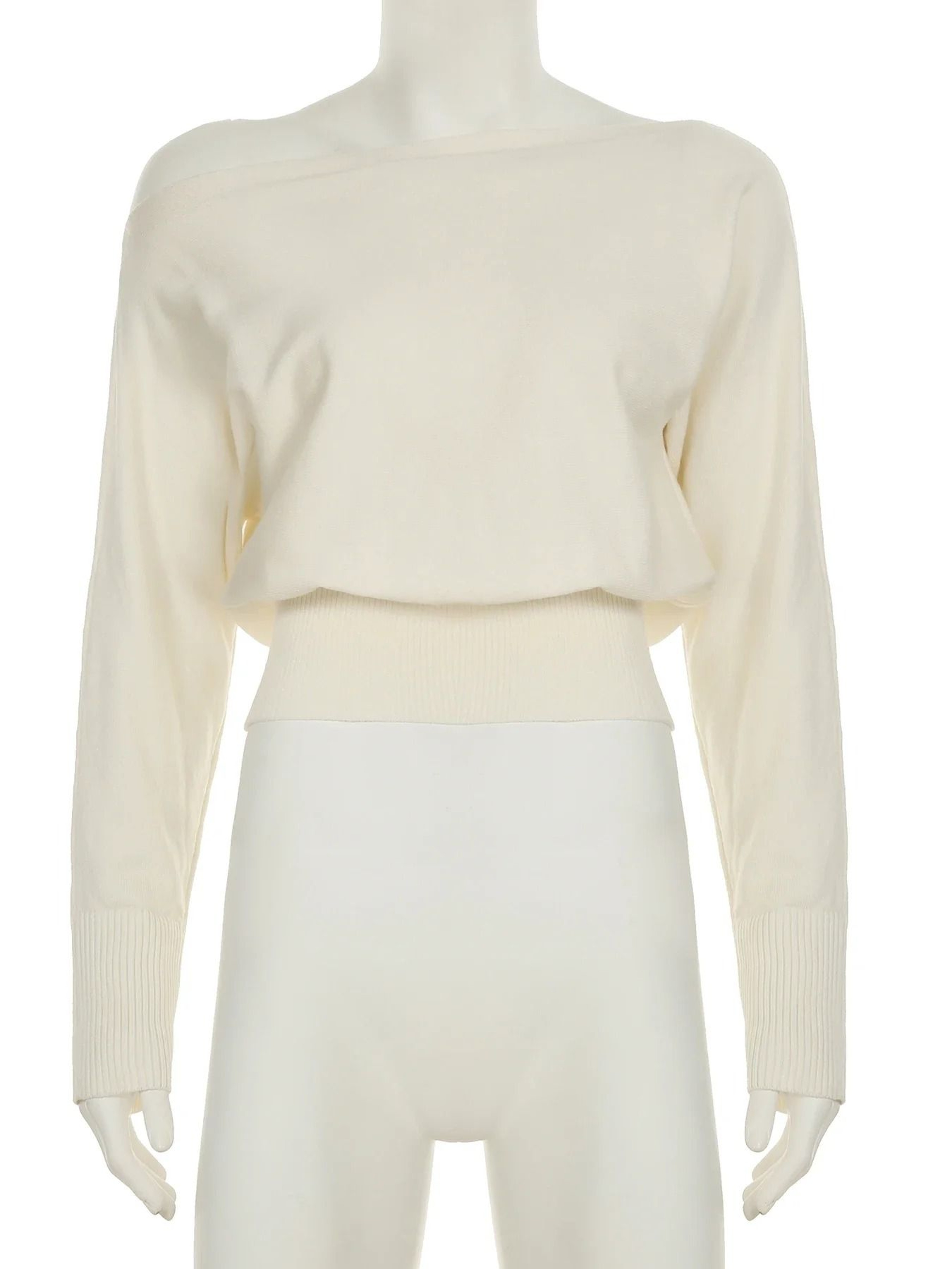 Womens Solid OffShoulder Knit Sweater  Elegant Slash Neck Loose Pullover For Autumn  Winter 3
