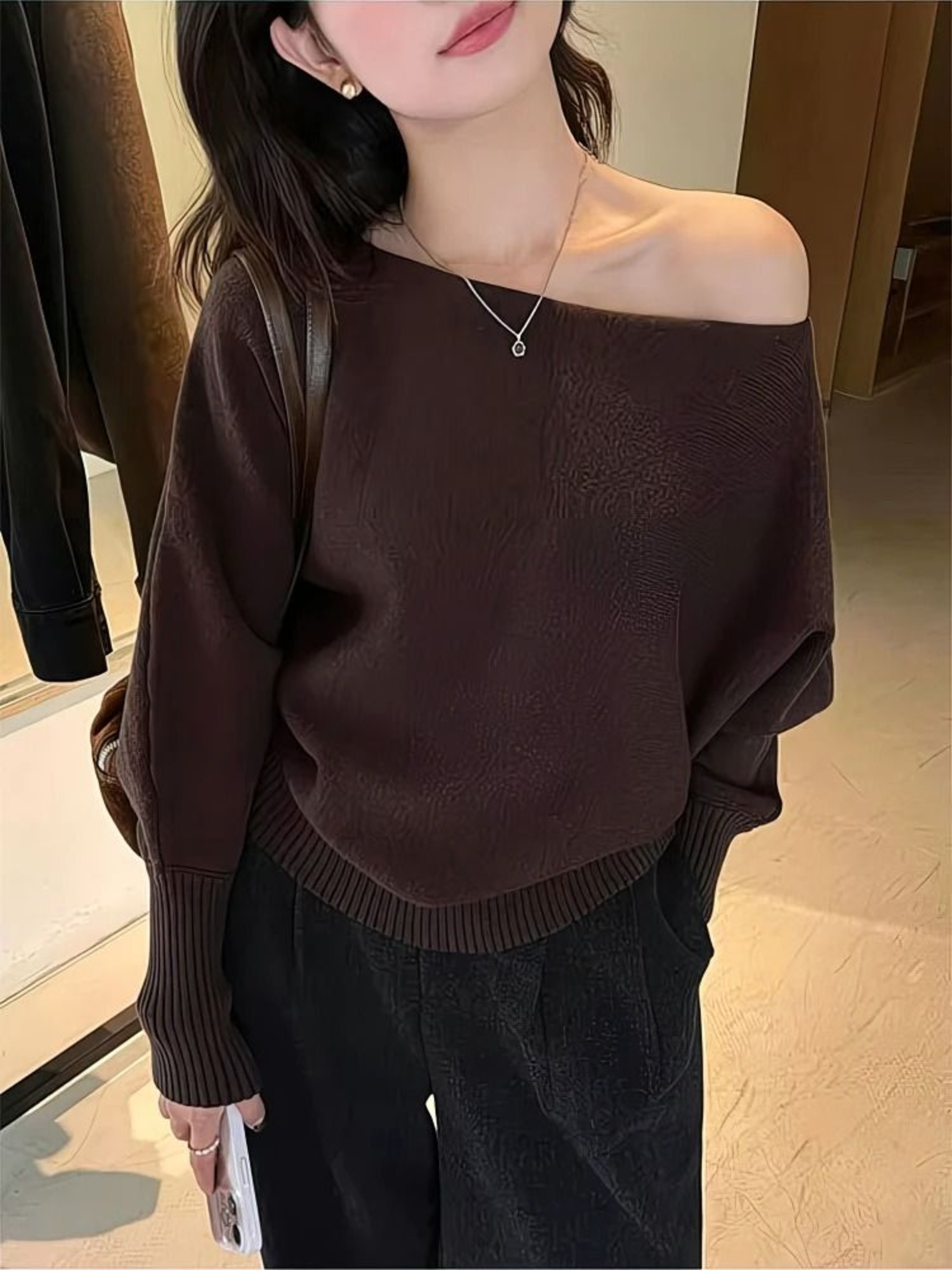 300g Thick Batwing Long Sleeve Pullover  Korean Fashion OffShoulder Sweater  Loose Autumn Outwear 4