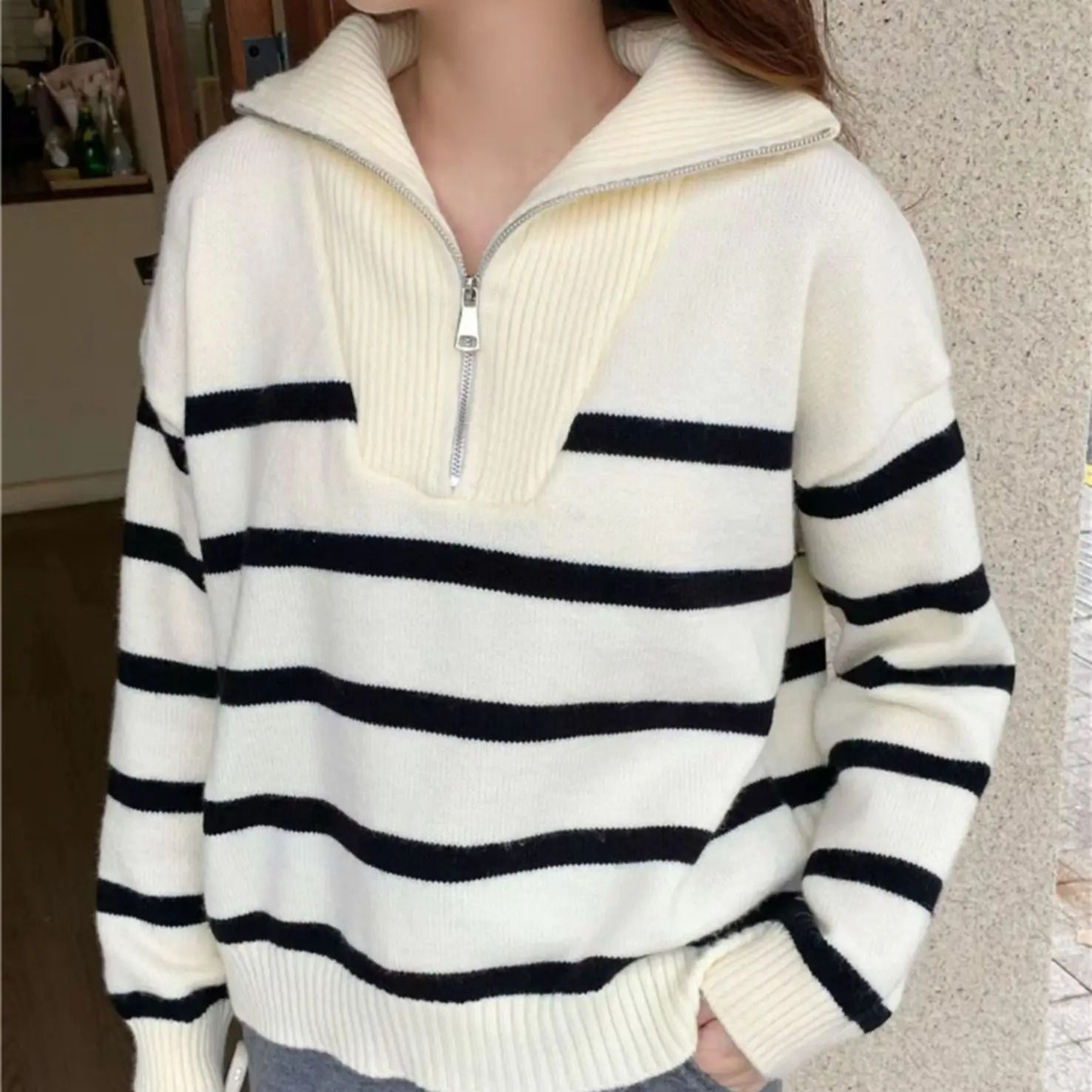 Womens Premium Zipper Stripe Underlay Sweater  Short Style Spring  Autumn Pullover 0