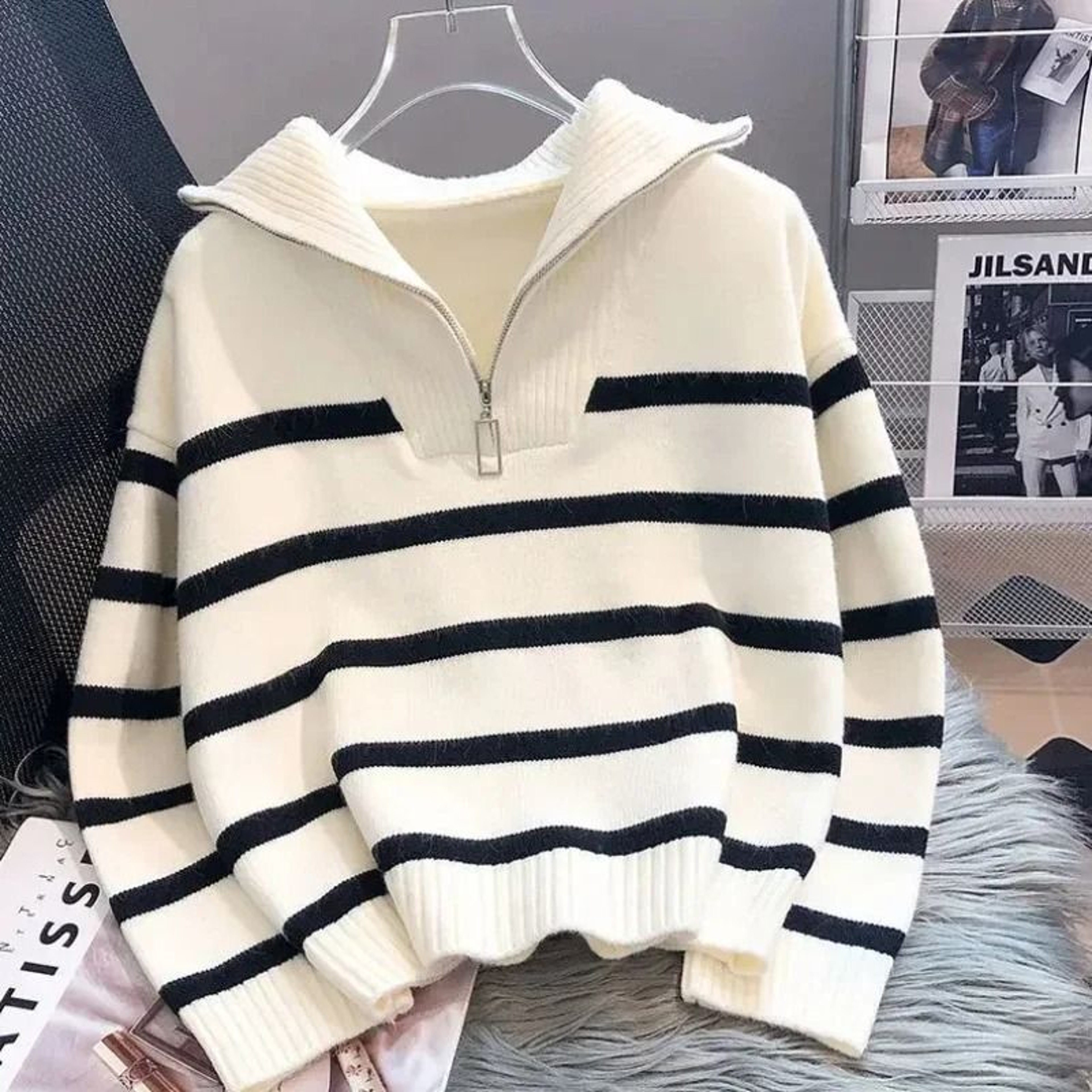 Womens Premium Zipper Stripe Underlay Sweater  Short Style Spring  Autumn Pullover 1
