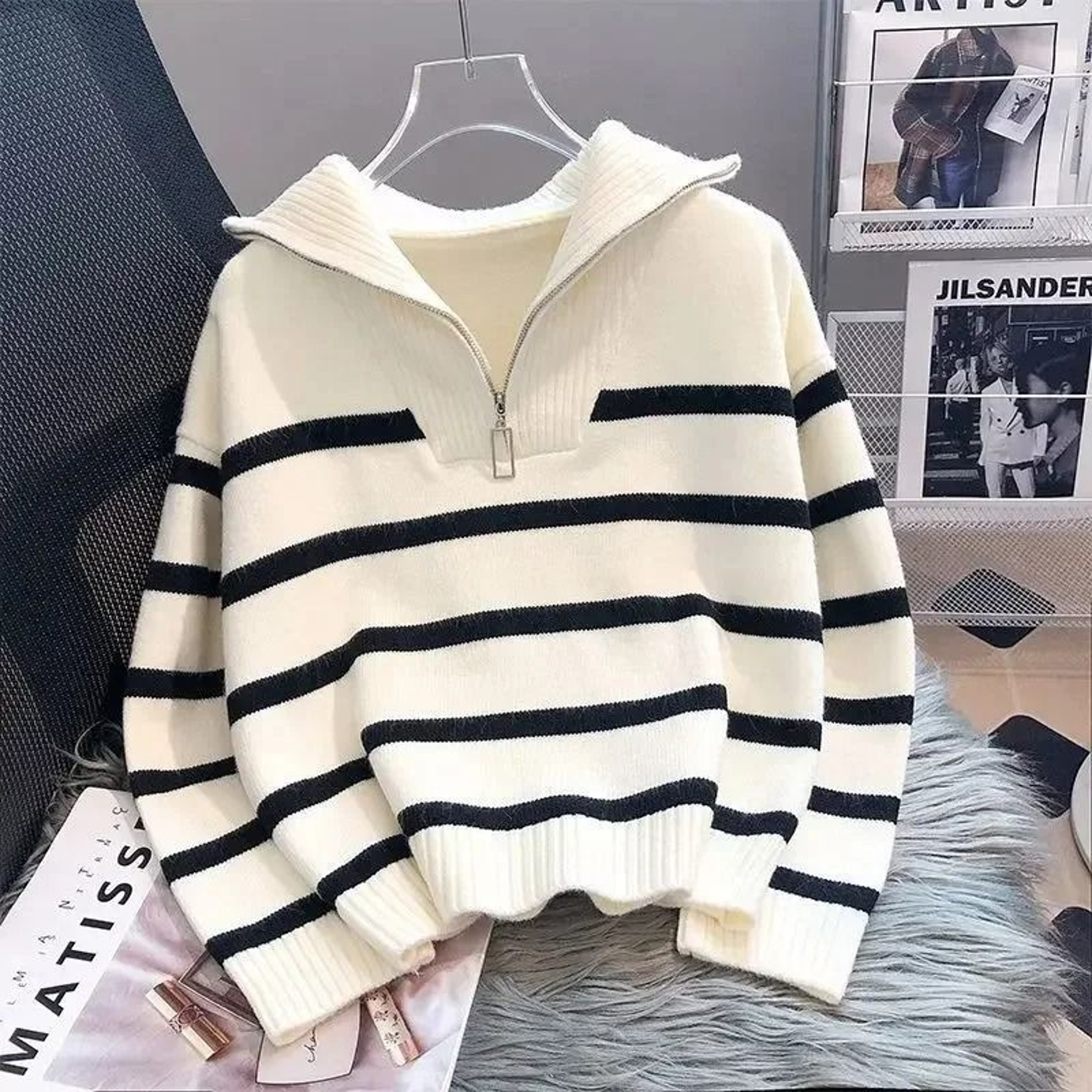 Womens Premium Zipper Stripe Underlay Sweater  Short Style Spring  Autumn Pullover 4