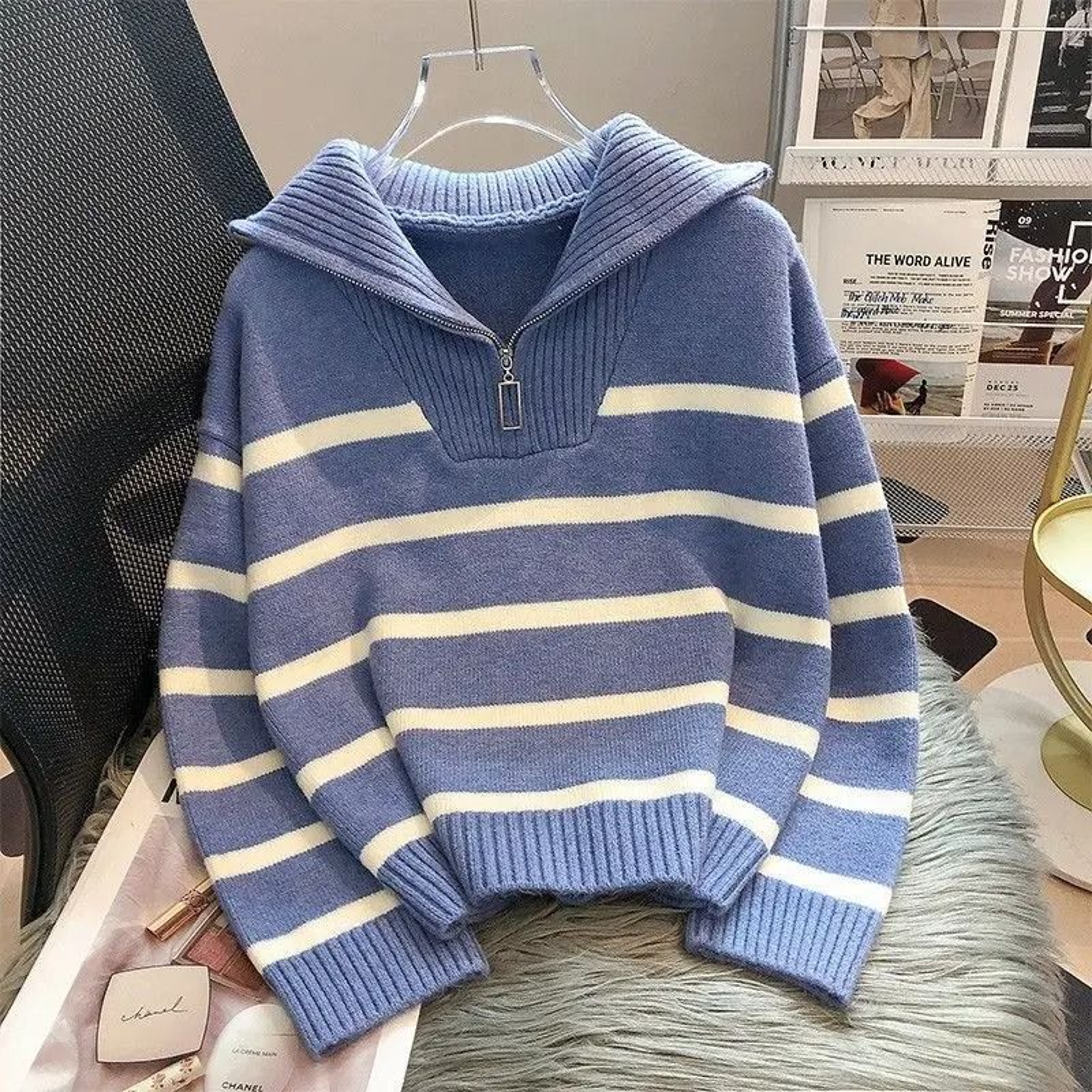 Womens Premium Zipper Stripe Underlay Sweater  Short Style Spring  Autumn Pullover 7