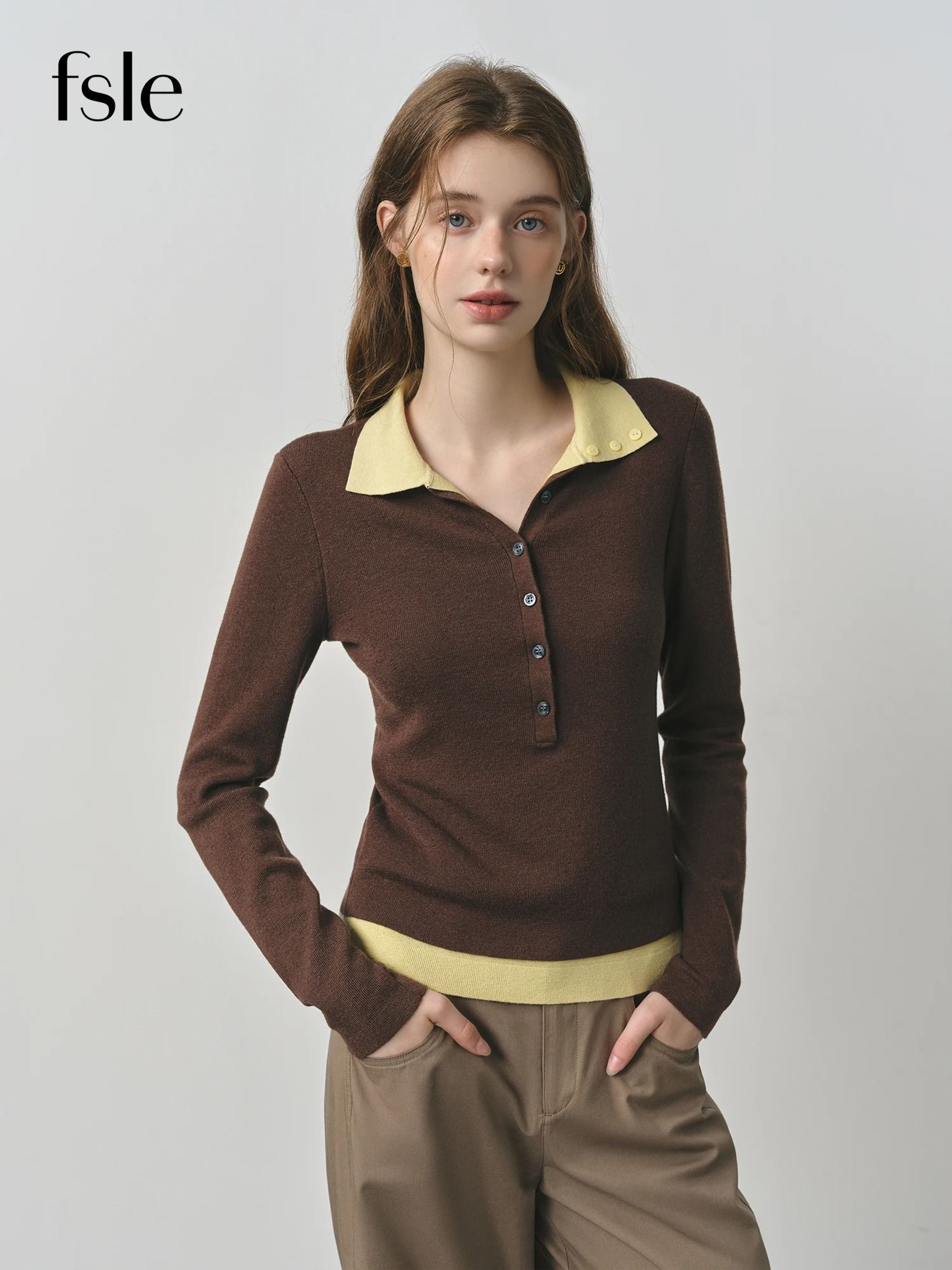 FSLE 2025 Autumn Color Block Knitted Sweater  Vintage Fake TwoPiece Turn Collar Cable Knit Top 0