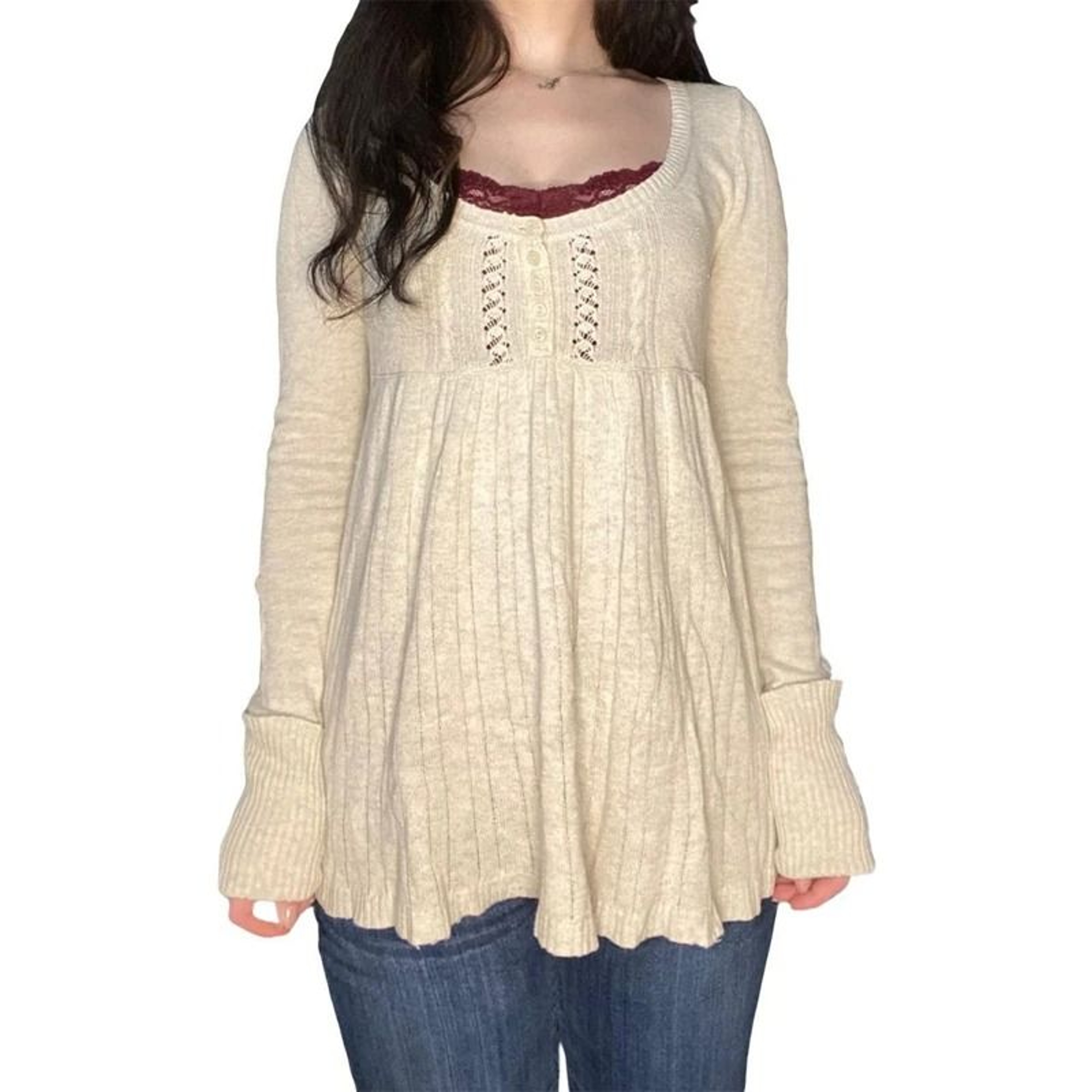 2000s Vintage Long Sleeve Babydoll Knitted Sweater  Cottage Milkmaid Y2K Aesthetic Pullover 2