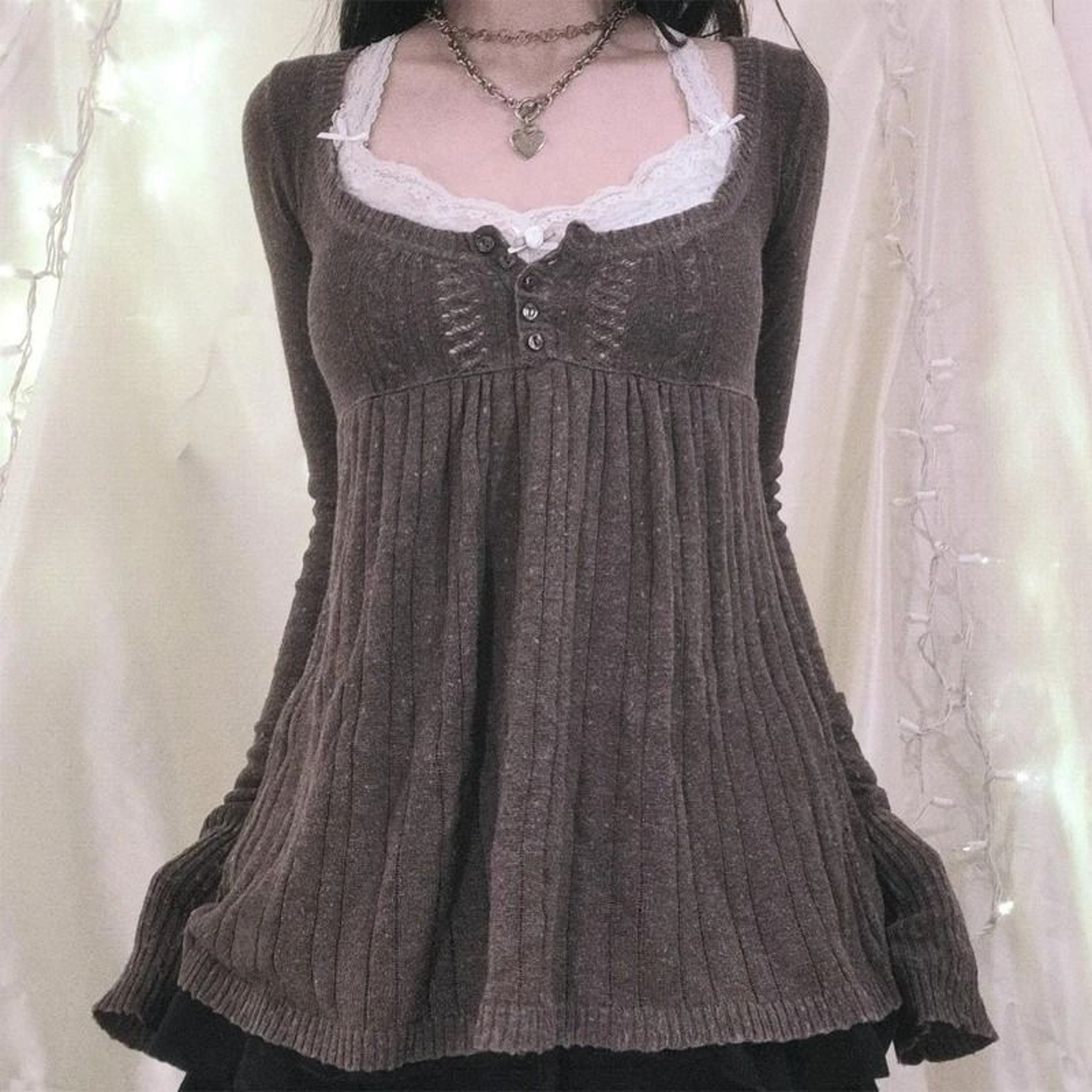 2000s Vintage Long Sleeve Babydoll Knitted Sweater  Cottage Milkmaid Y2K Aesthetic Pullover 8