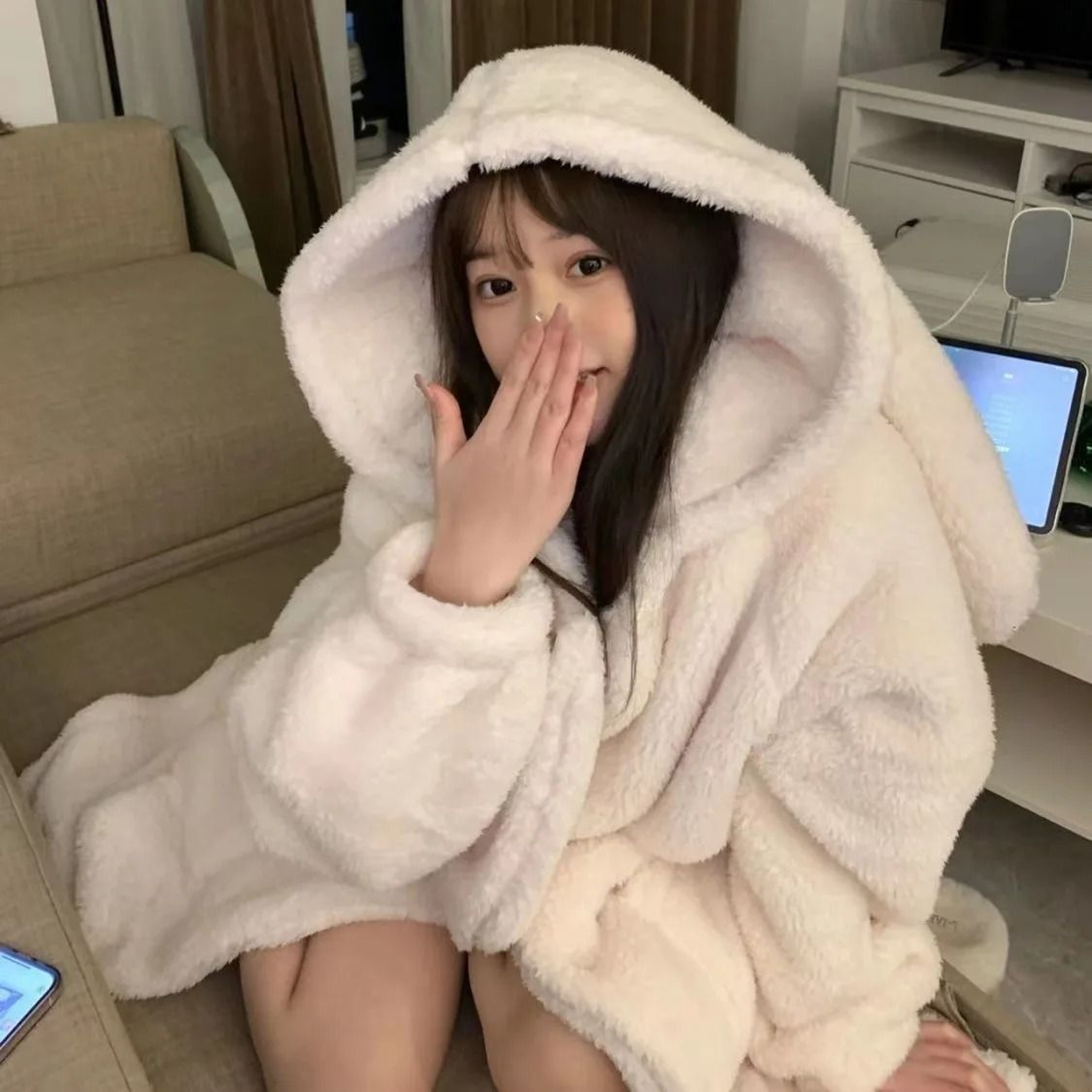 Autumn And Winter Ladies Warm Rabbit Ear Pajamas  Cartoon New Robe  Ins Girls Student Homewear 3