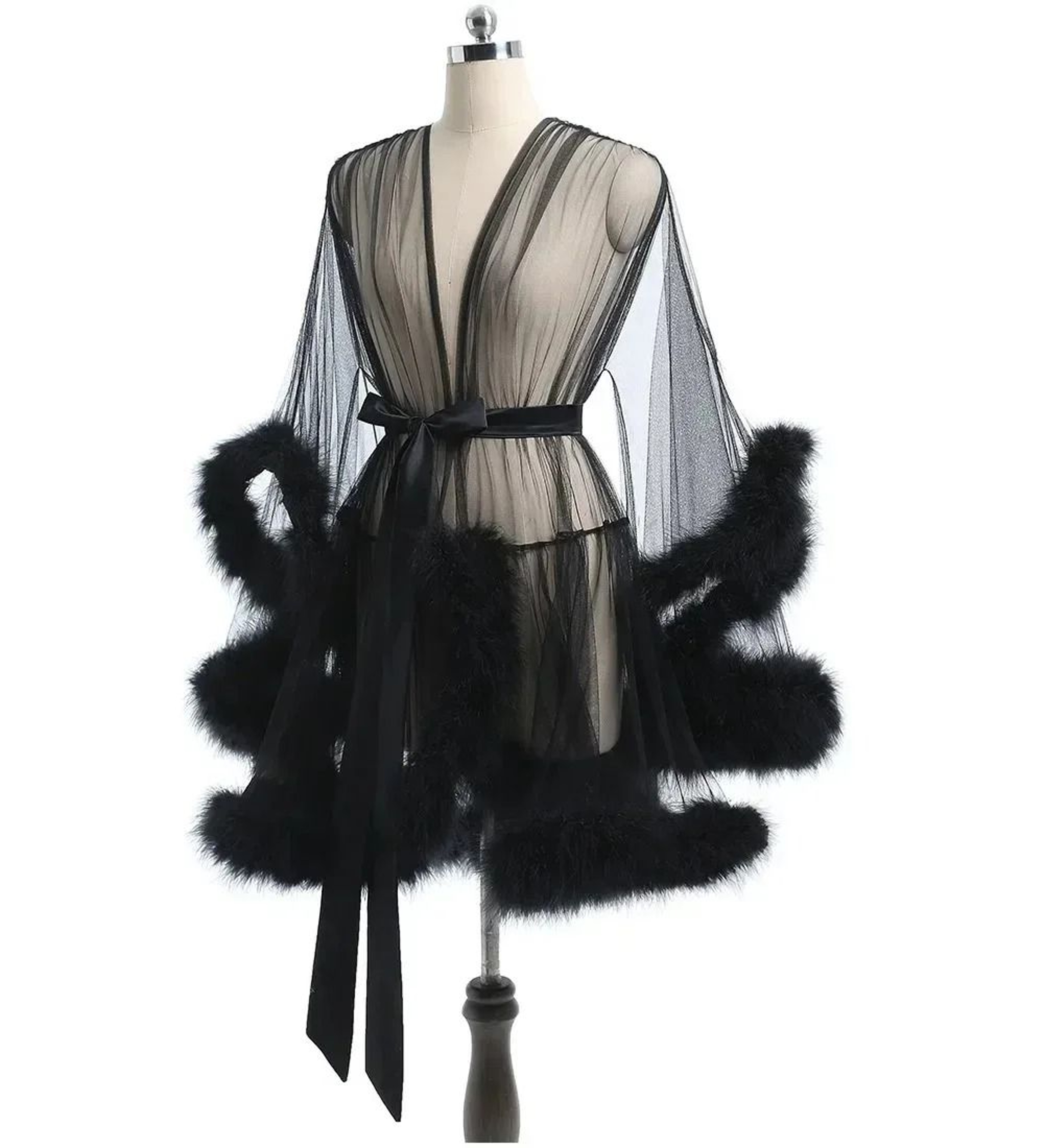 Sexy Feather Mesh Robe  Large Size Seductive Perspective Bathrobe  Passionate Bridal Dressing Gown 6