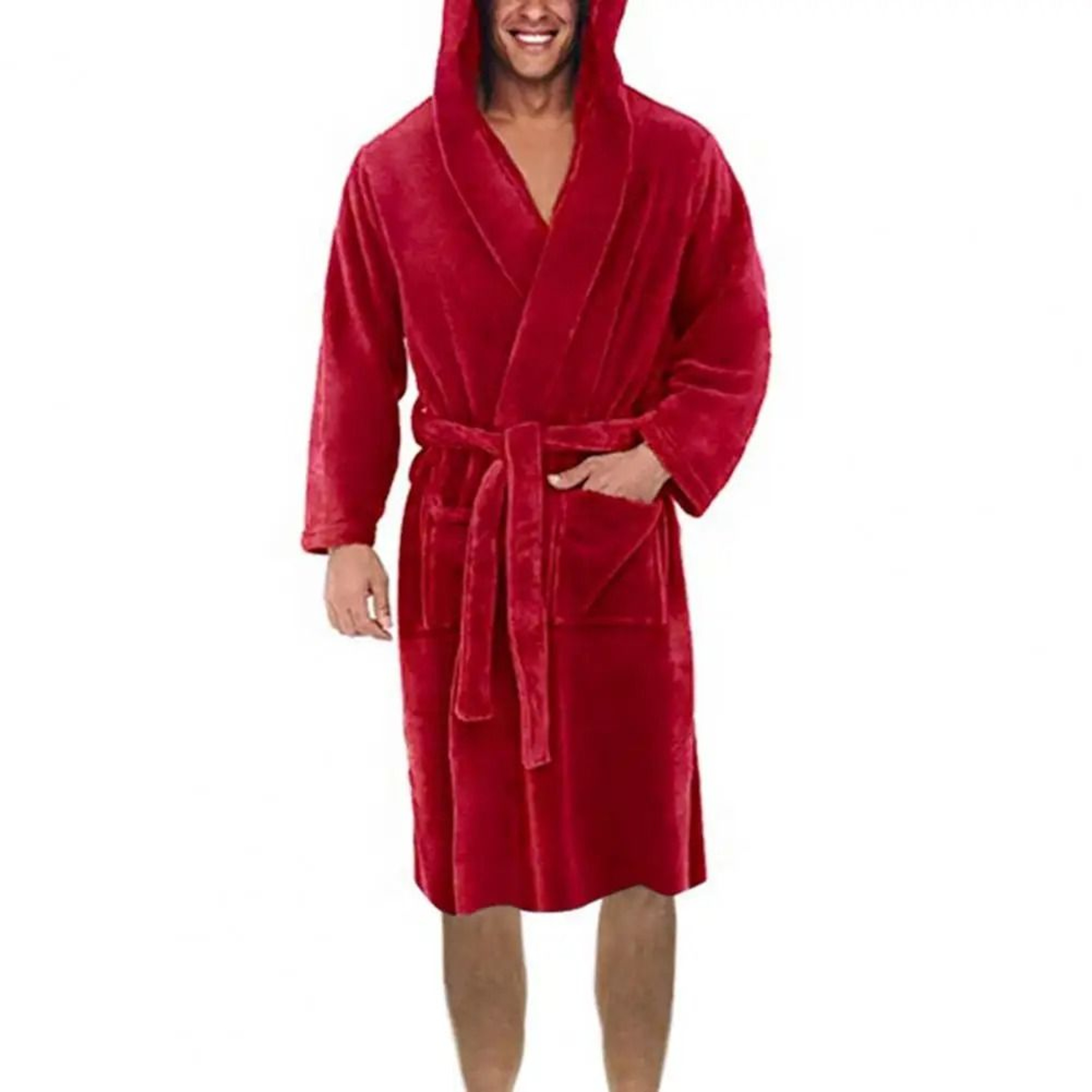 Mens Winter Warm Hooded Fleece Bathrobe  Long Sleeve Thermal Home Gown  Solid Color Sleepwear 7