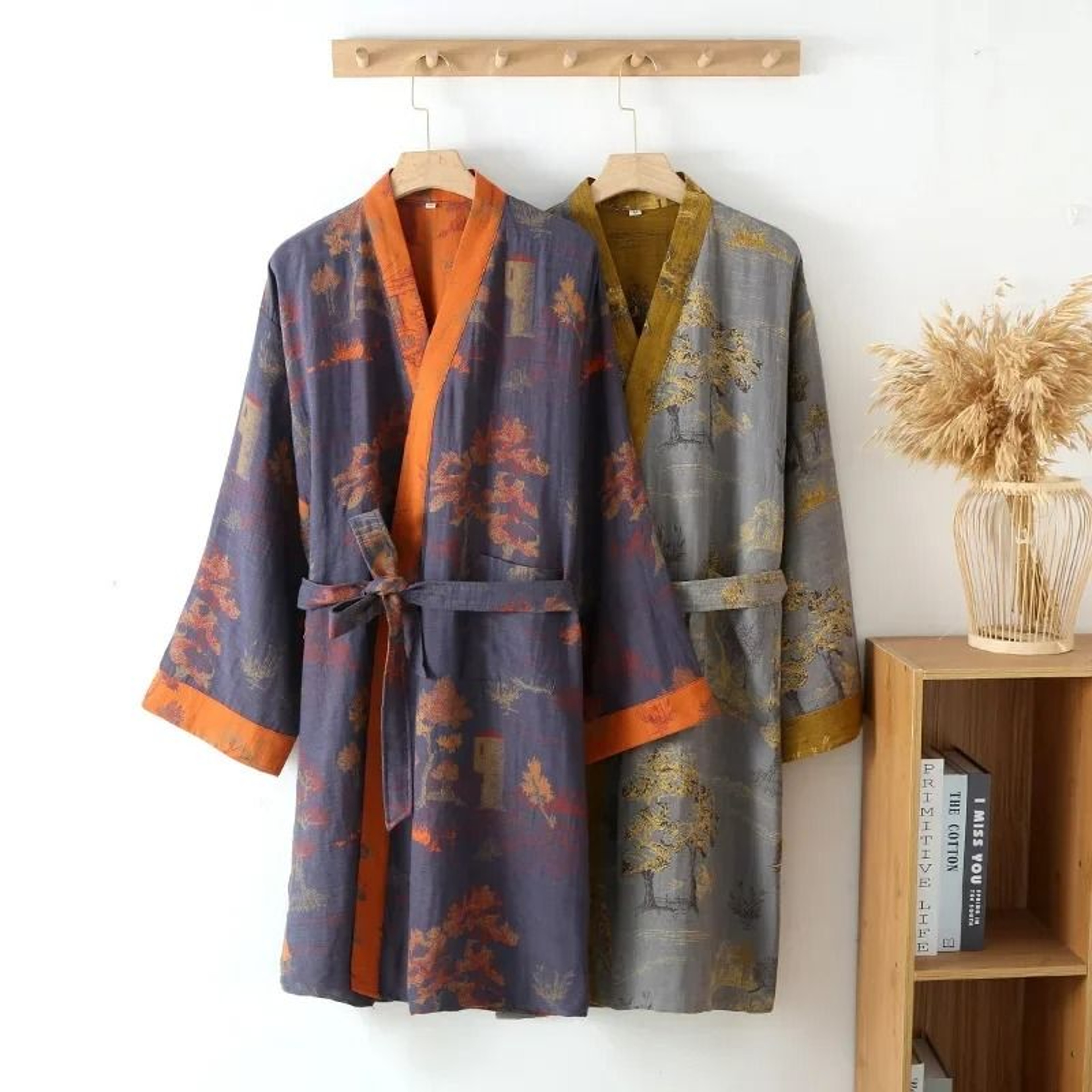 Mens Premium Cotton Kimono Robe  Breathable Jacquard Printed SpringSummer Pajamas With Belt 0