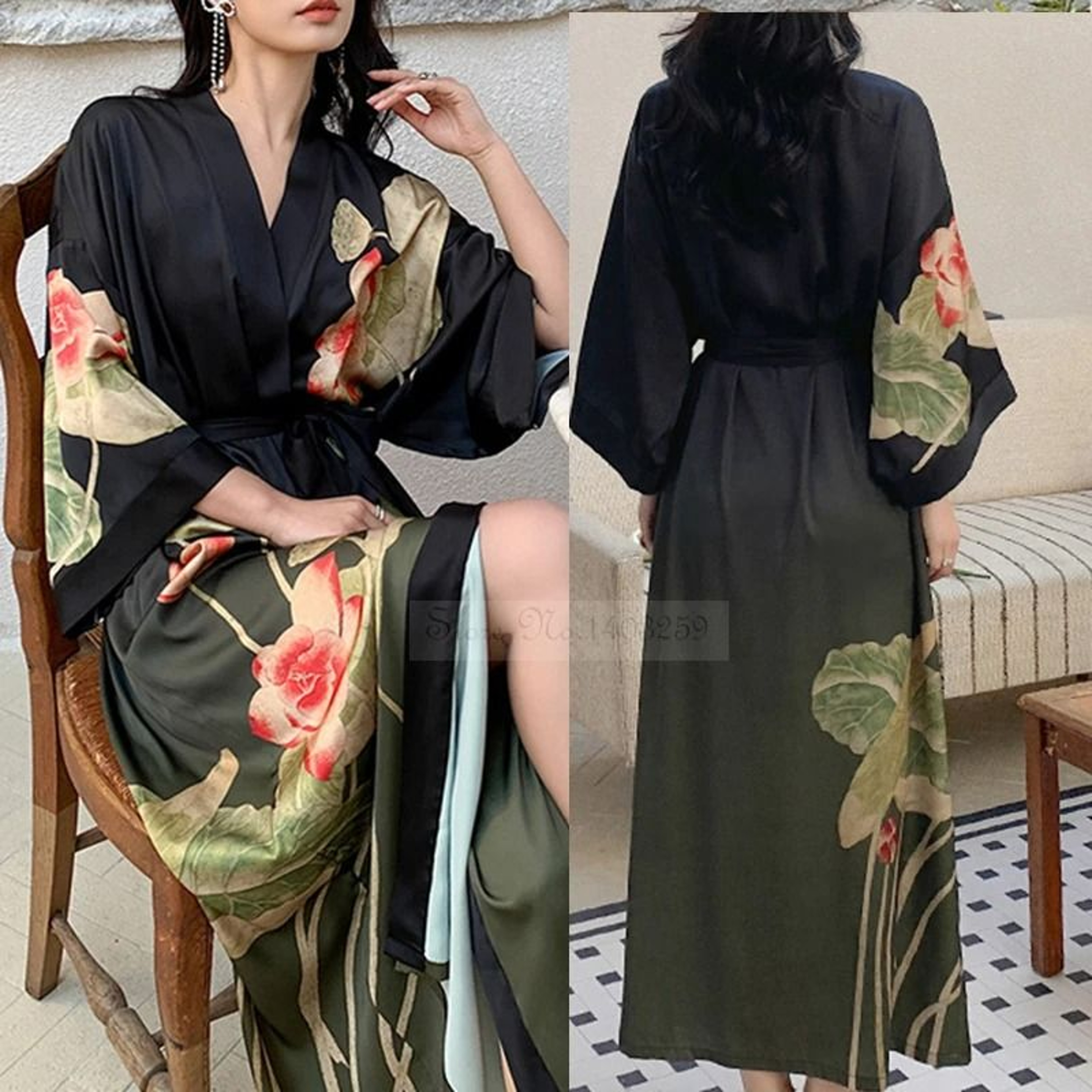 New Spring Summer Female Long Robe Set  Sexy Flower Print Kimono  Silk Satin Casual Lounge Wear 0