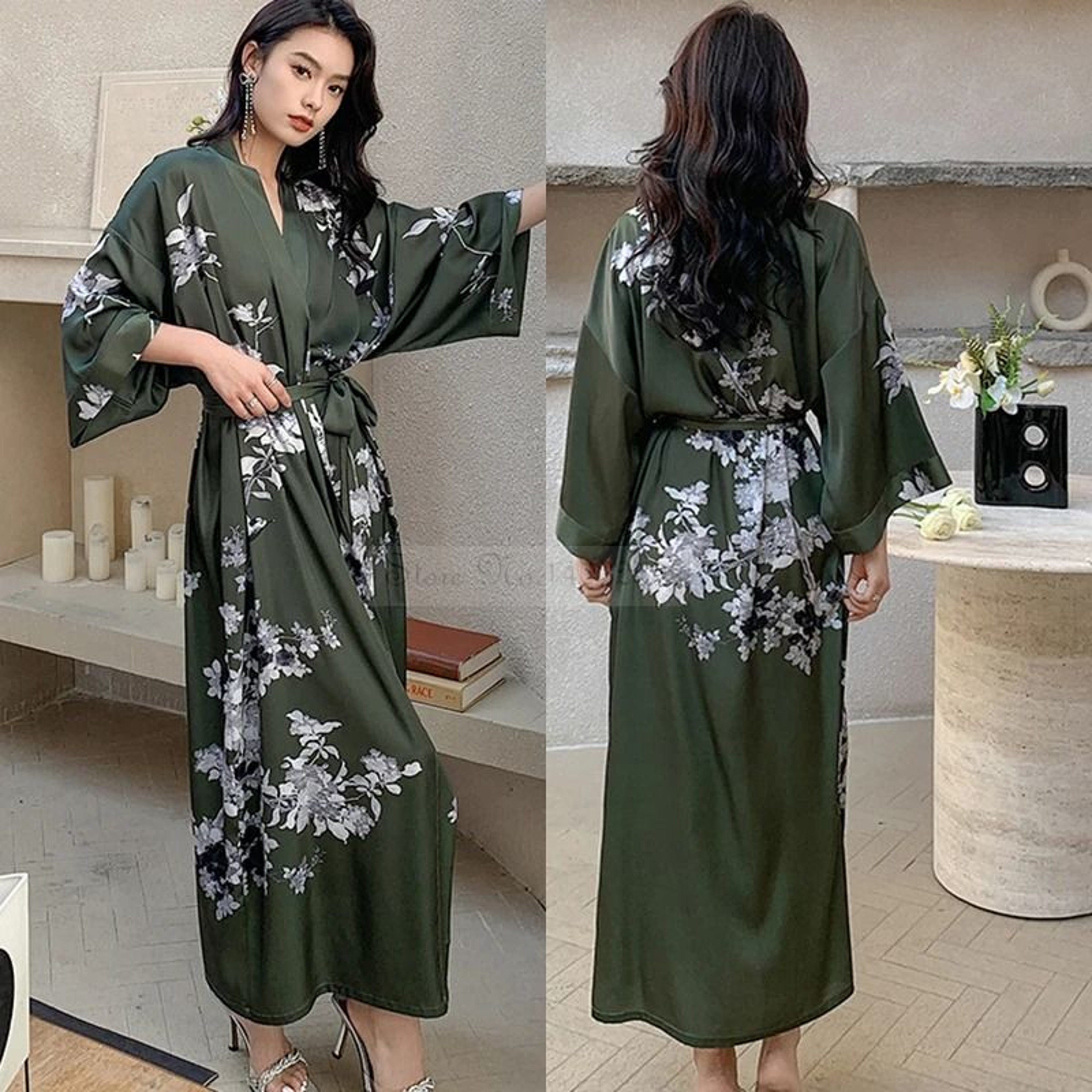 New Spring Summer Female Long Robe Set  Sexy Flower Print Kimono  Silk Satin Casual Lounge Wear 13