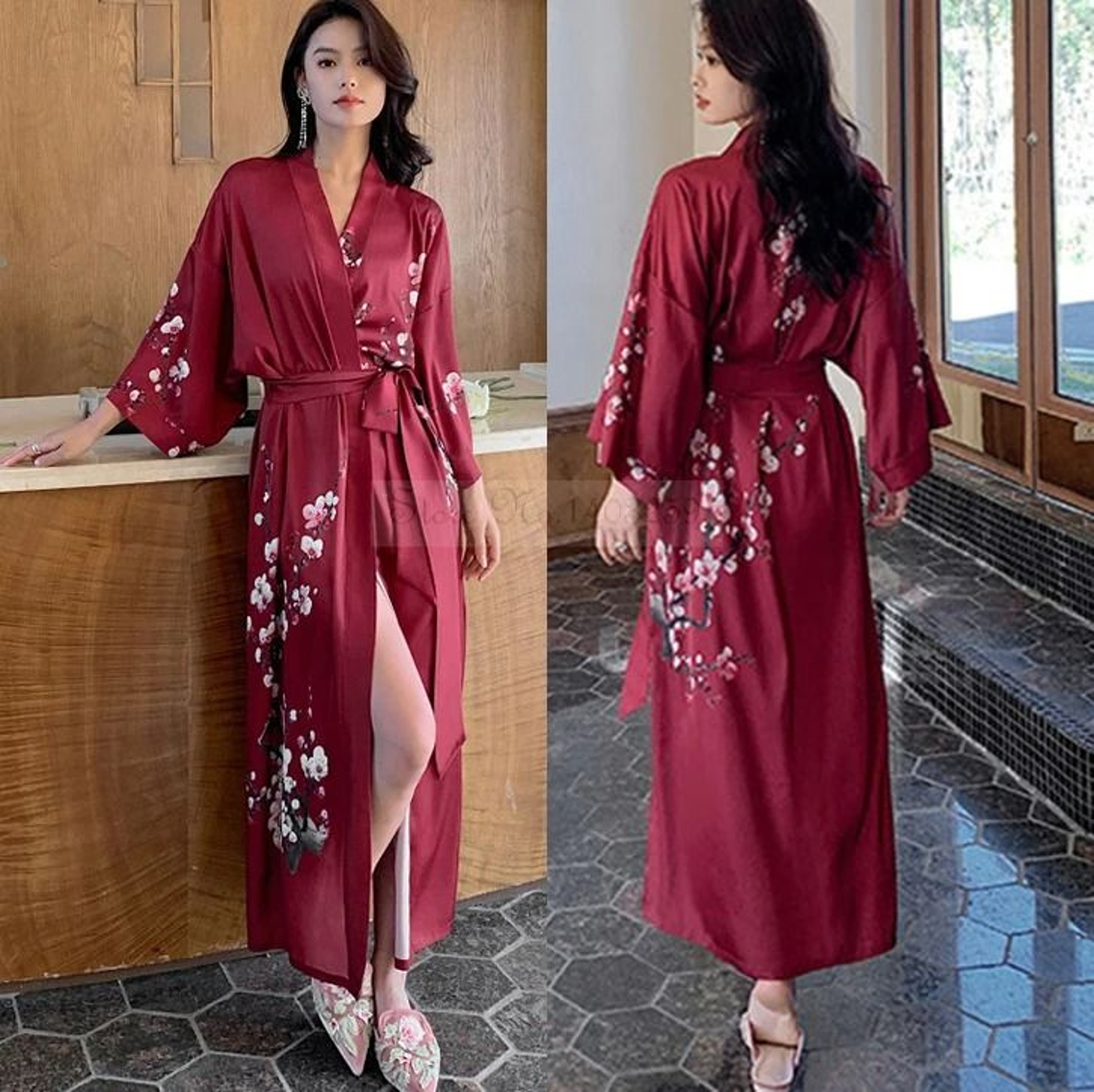 New Spring Summer Female Long Robe Set  Sexy Flower Print Kimono  Silk Satin Casual Lounge Wear 14