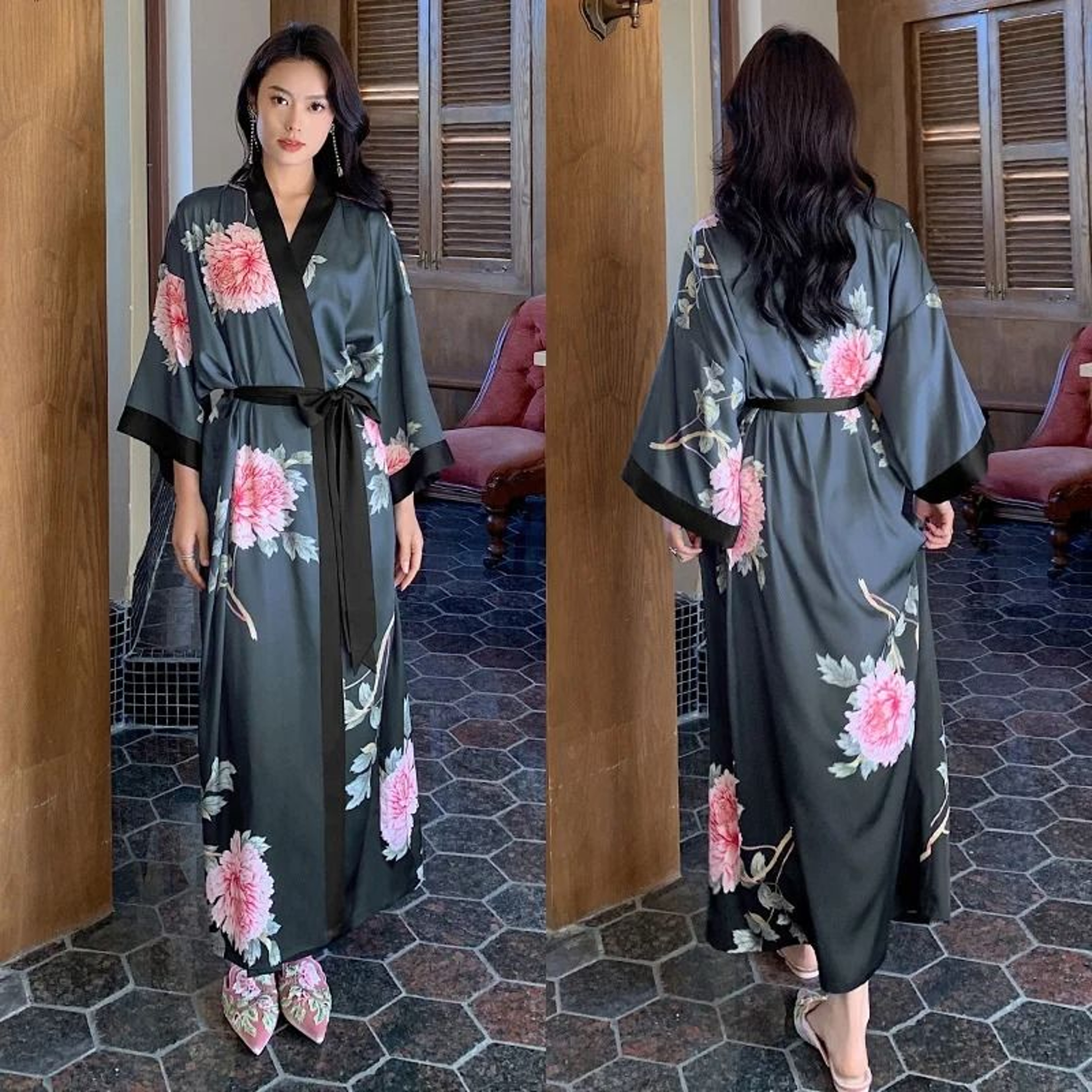New Spring Summer Female Long Robe Set  Sexy Flower Print Kimono  Silk Satin Casual Lounge Wear 15