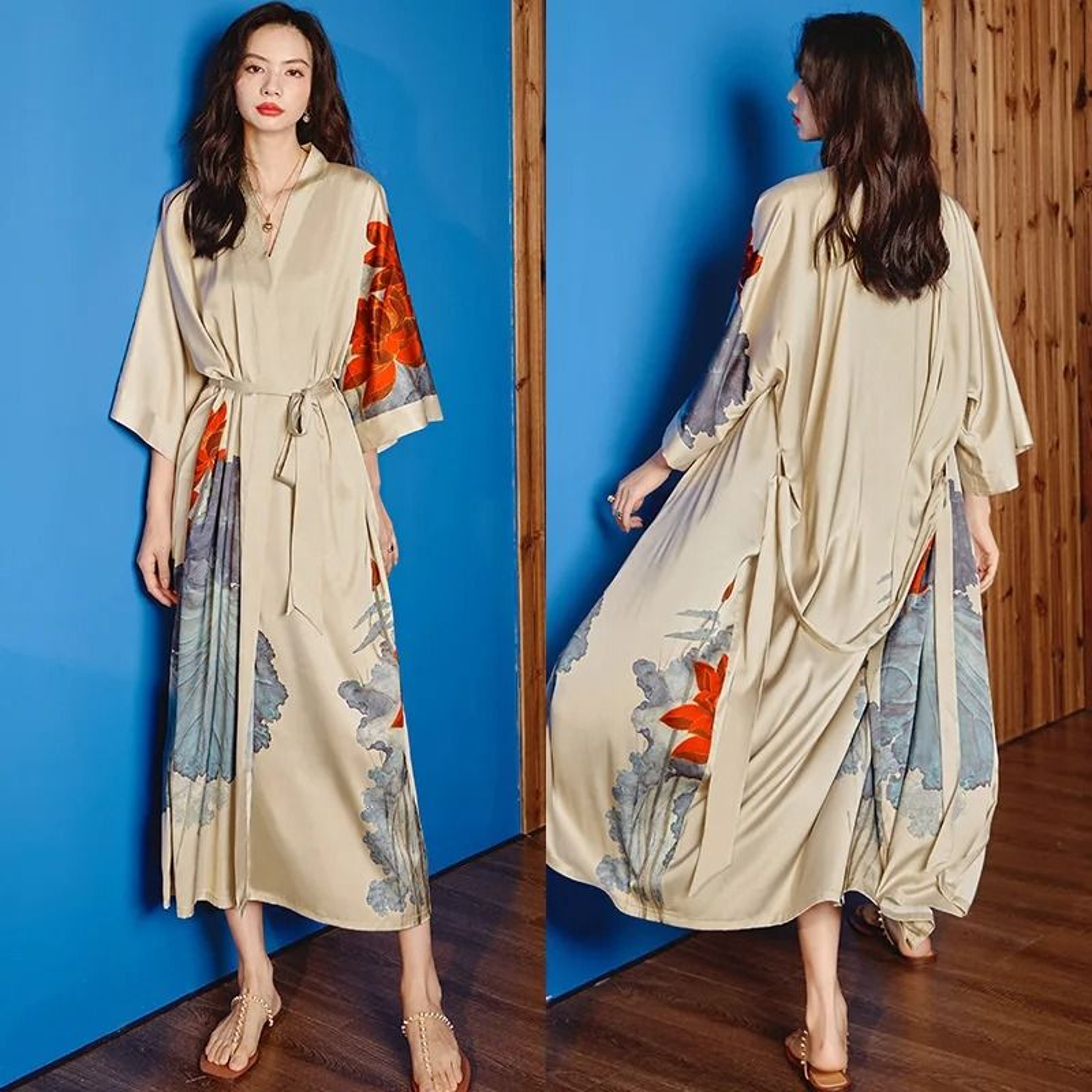 New Spring Summer Female Long Robe Set  Sexy Flower Print Kimono  Silk Satin Casual Lounge Wear 16
