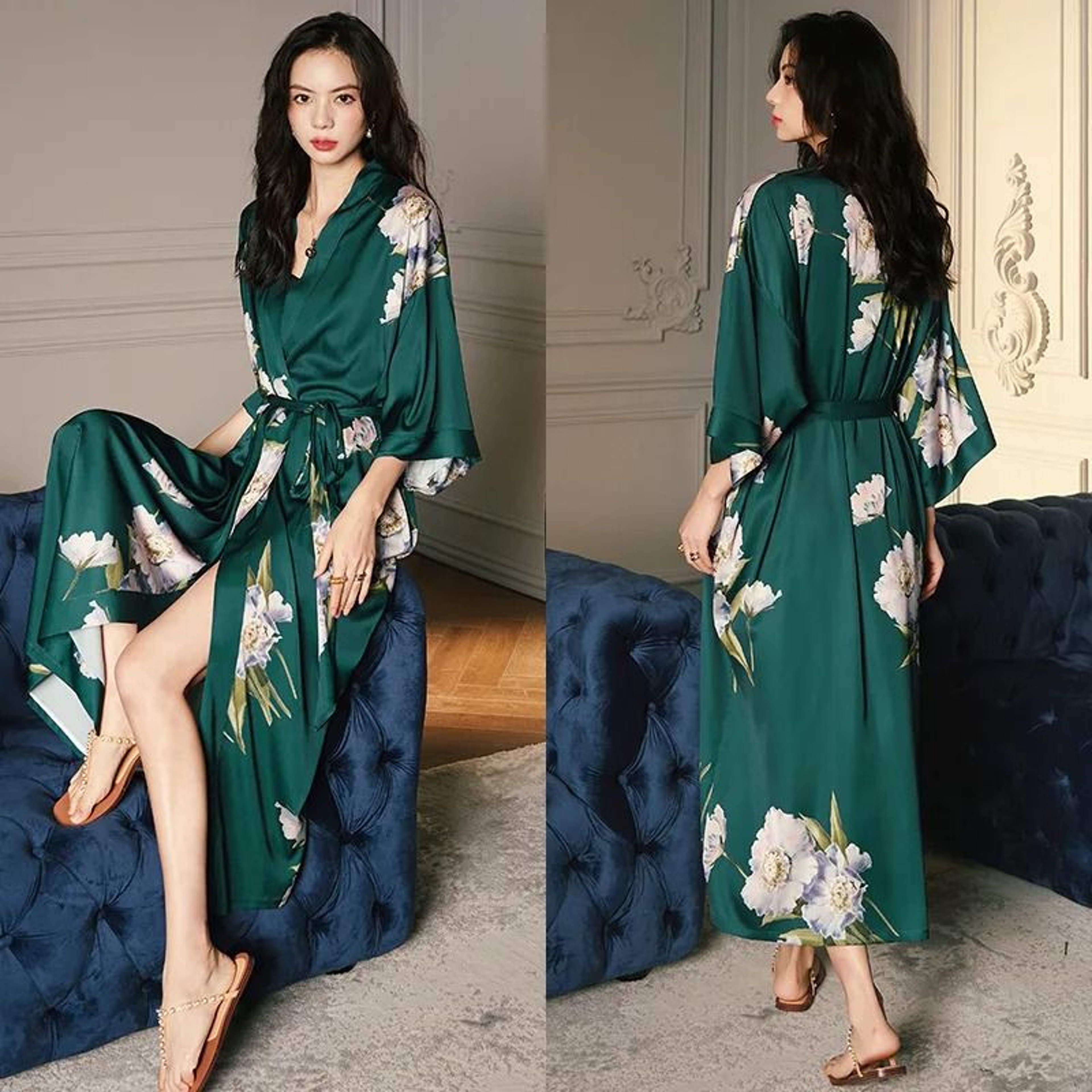 New Spring Summer Female Long Robe Set  Sexy Flower Print Kimono  Silk Satin Casual Lounge Wear 17